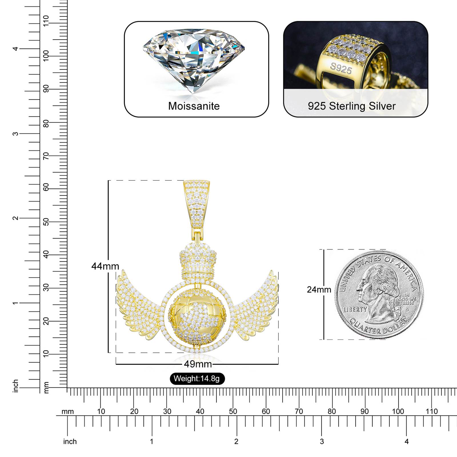 Precision measurement: 40mm globe ±0.05mm vs US quarter | Weight-balanced rotation infographic