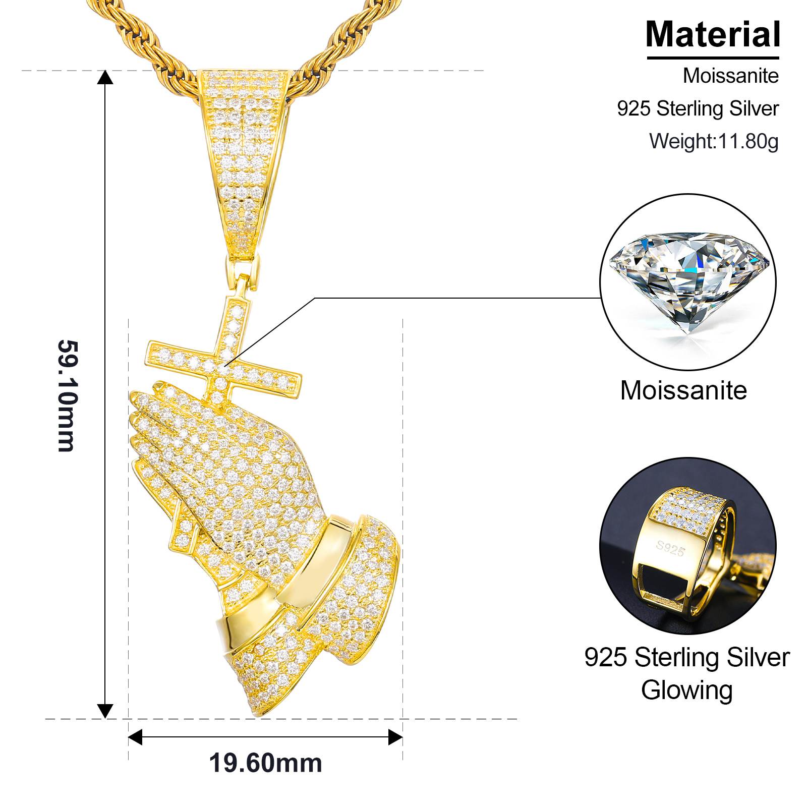 Precision dimensions: 38x28mm pendant ±0.05mm vs US quarter | Chain loop strength infographic