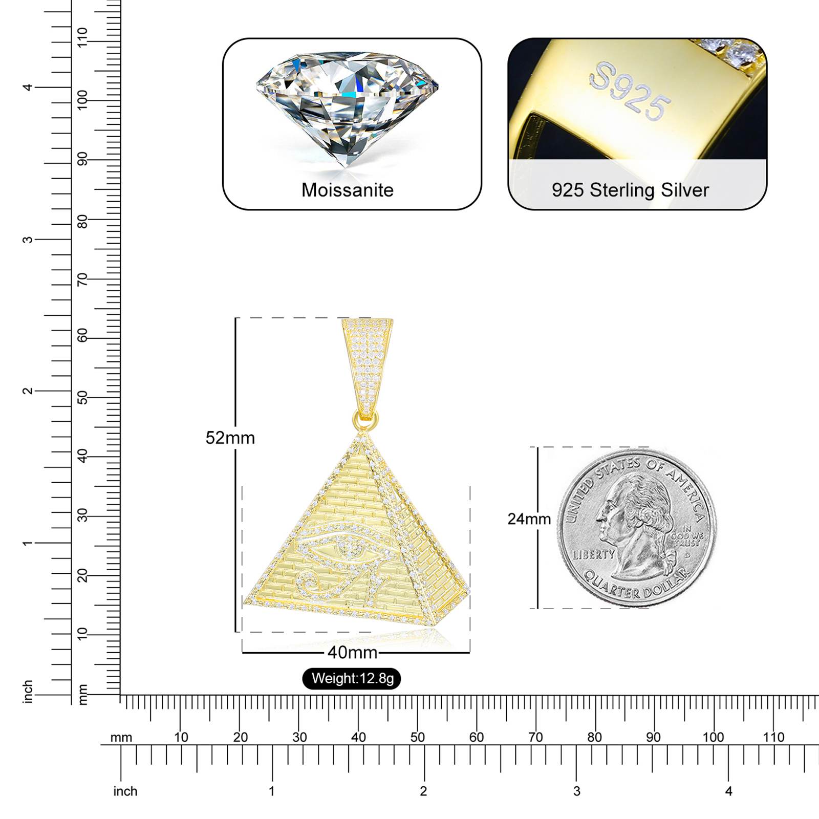 Precision dimensions: 30x30mm pyramid ±0.05mm vs US dime | Weight distribution infographic with chain compatibility guide