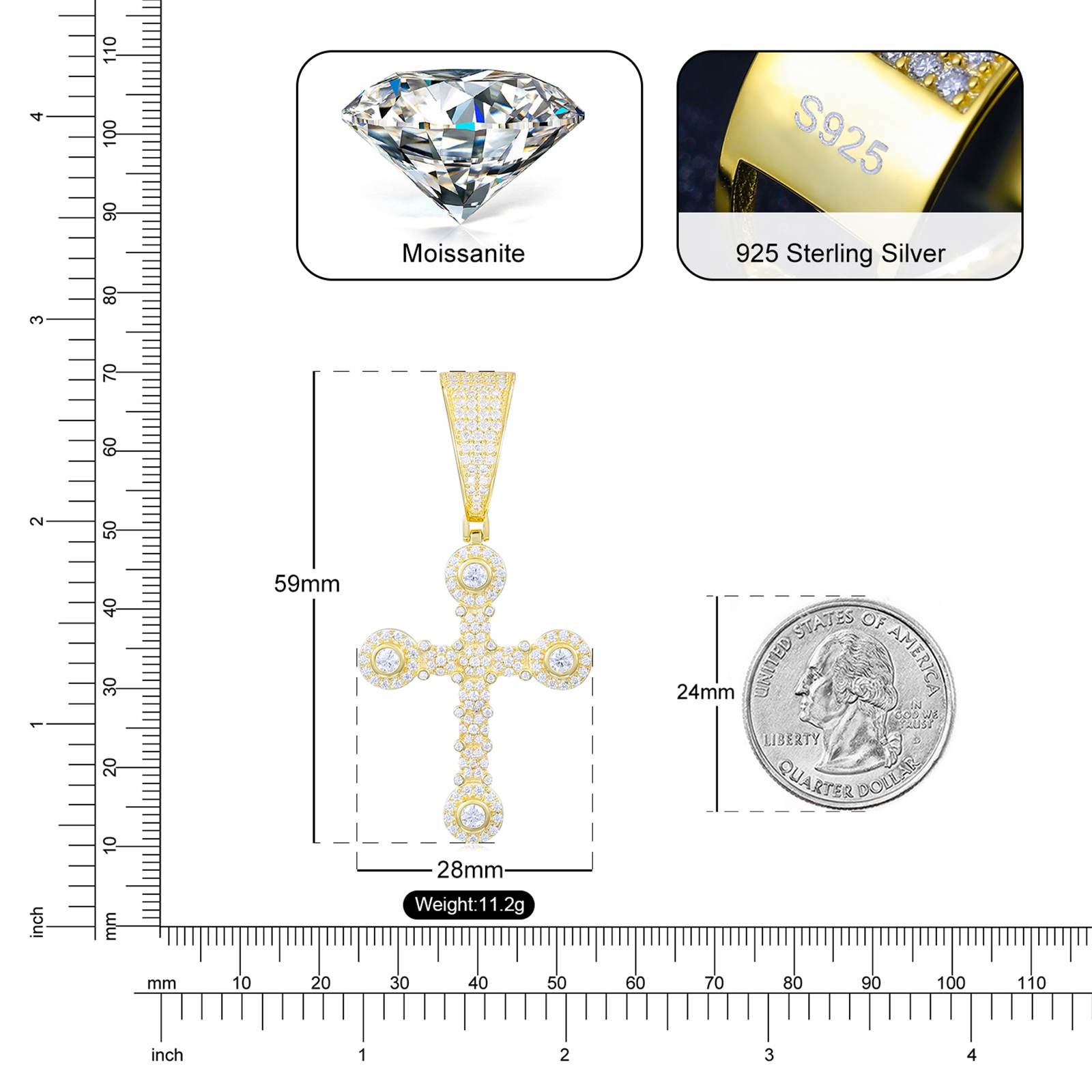 Precision measurement: 40x25mm cross pendant ±0.05mm vs US quarter - EN1811 certified nickel-free alloy
