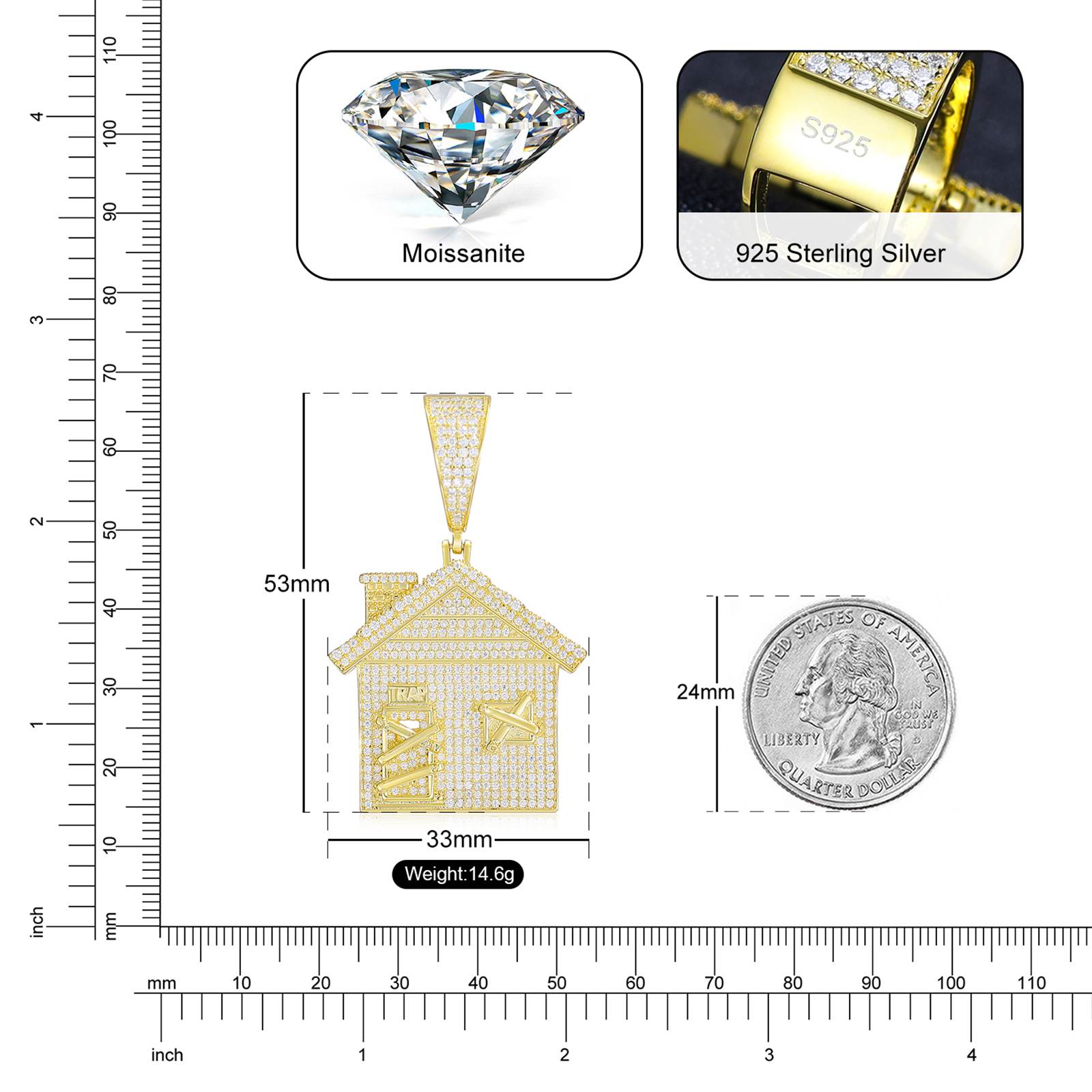 Precision dimensions: 30x30mm pendant ±0.05mm vs US quarter | Chain loop strength infographic
