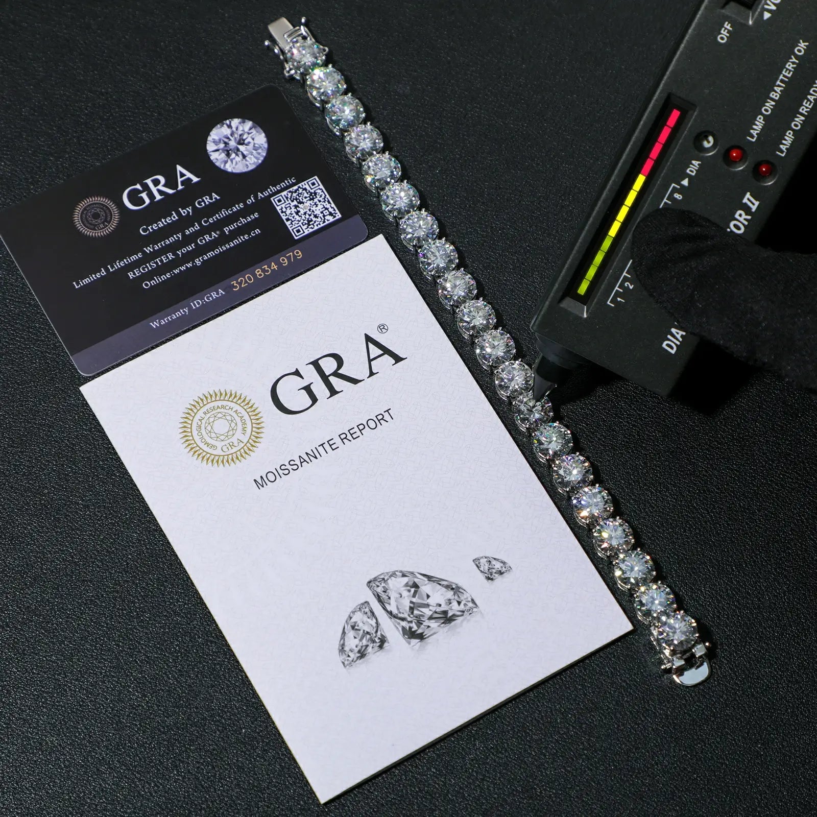 Diamond tester verifying 10mm moissanite tennis bracelet authenticity with GRA certificate, ensuring genuine 925 sterling silver quality.