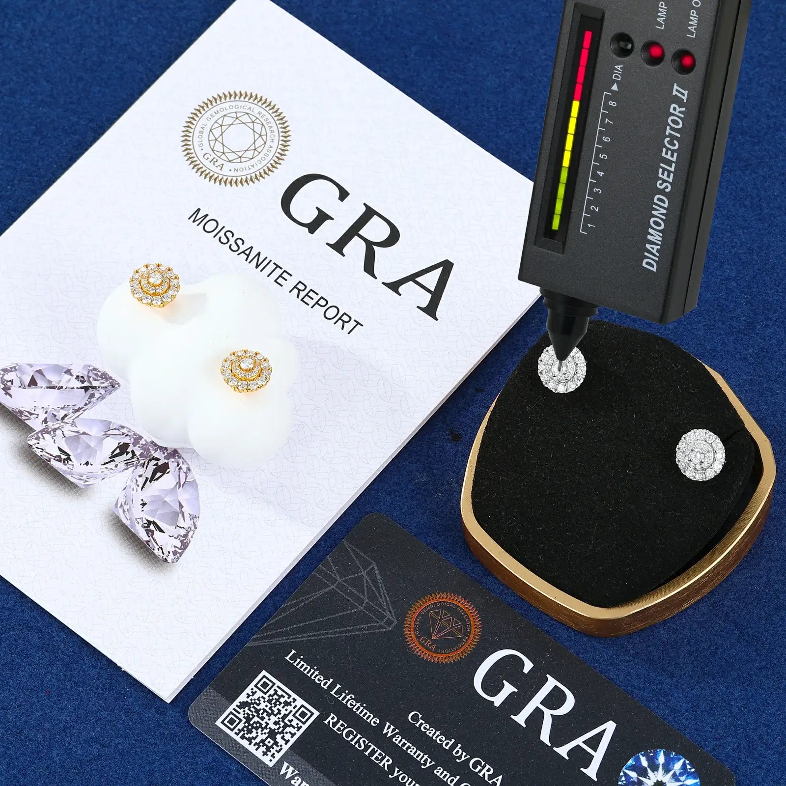 Diamond tester proving moissanite authenticity with GRA certificate - 925 sterling silver 3 layers halo stud earrings