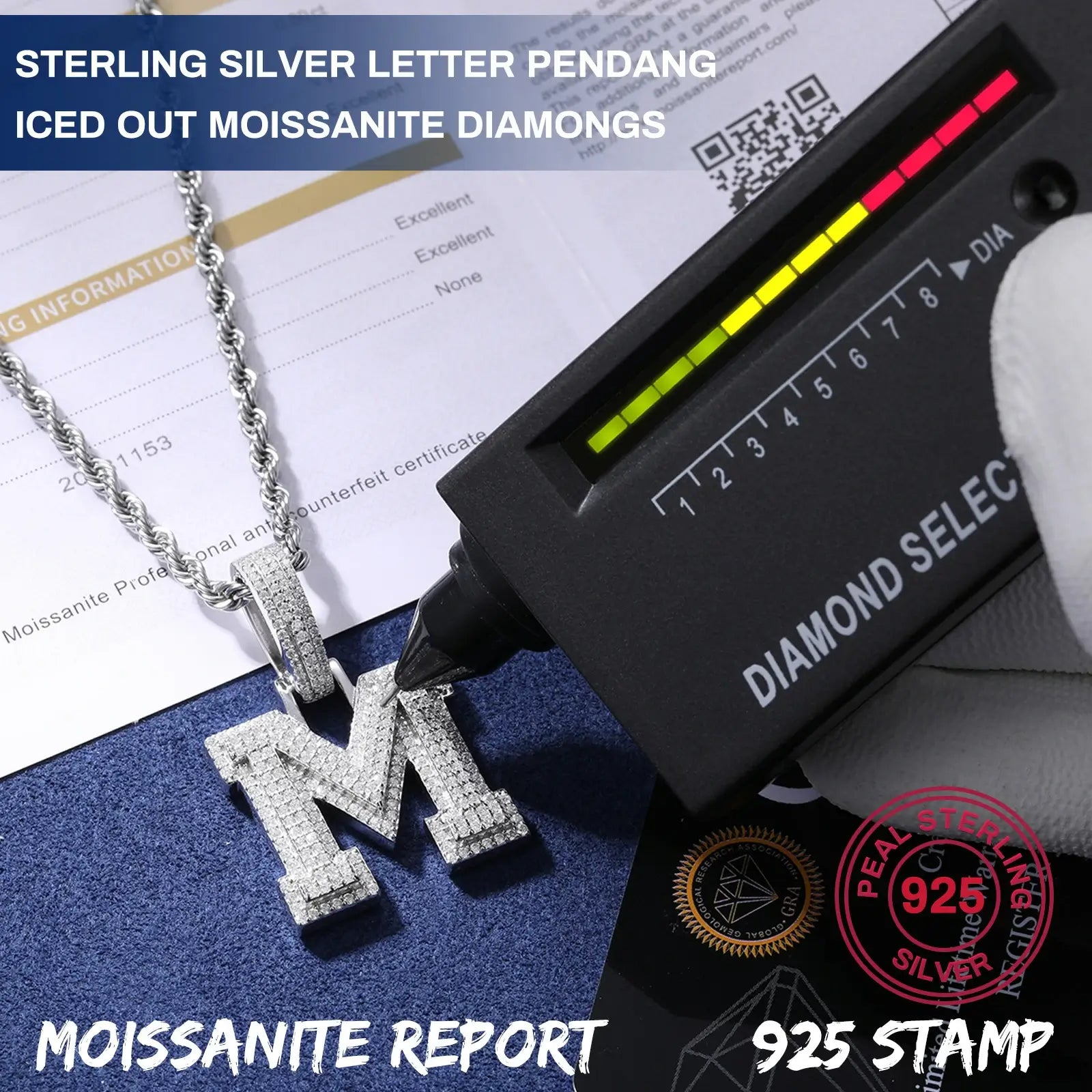 moissanite letter pendant pass diamond tester