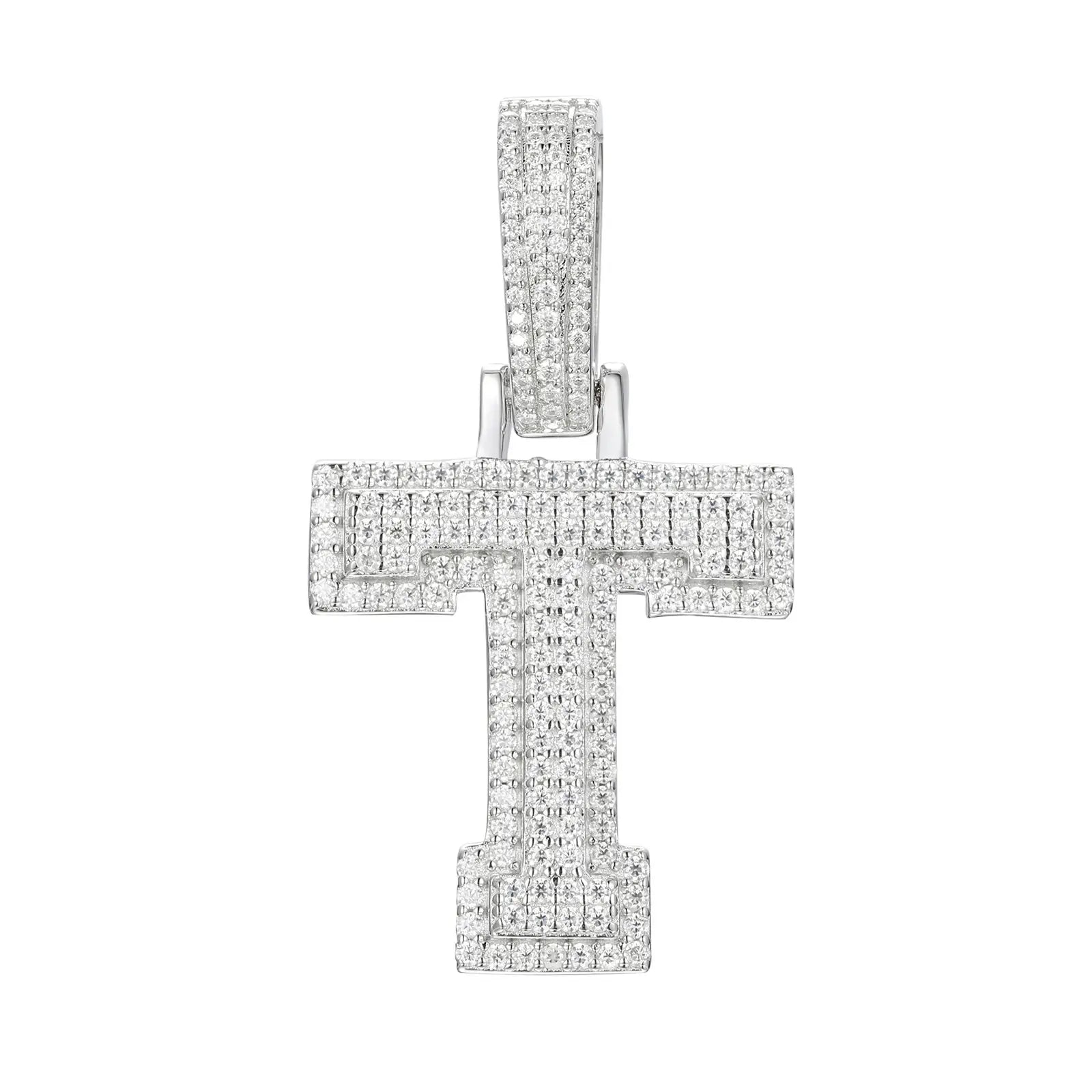 moissanite letter t pendant - white gold