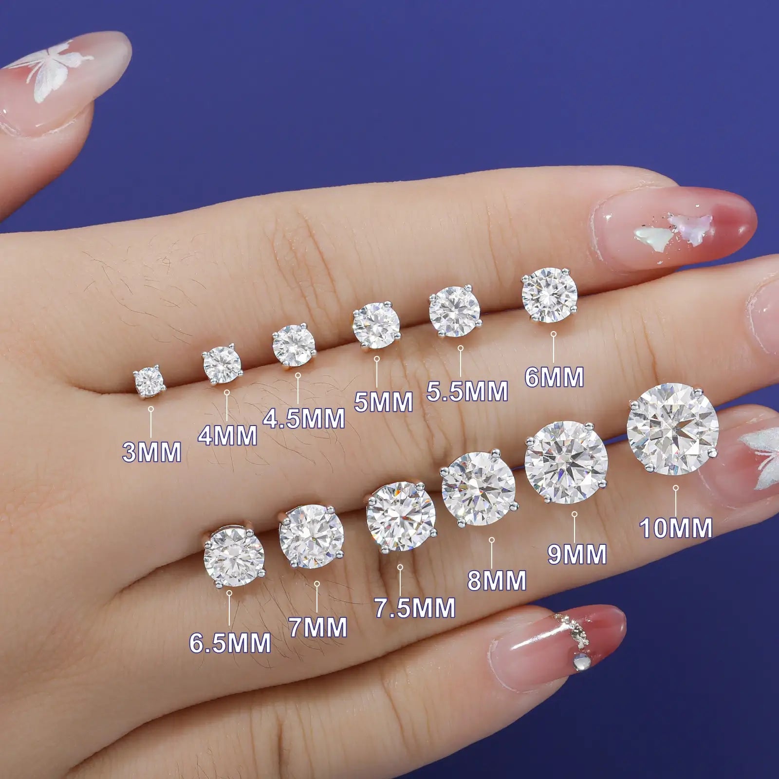moissanite solitaire stud earrings sizes display