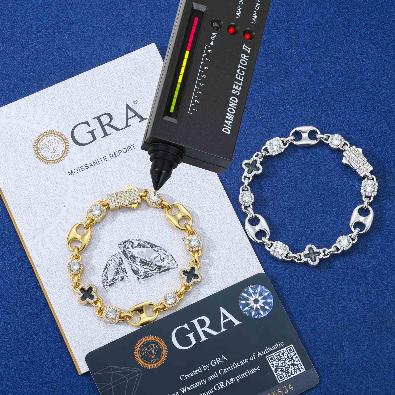 UV light comparison: moissanite links (left) vs standard cubic zirconia (right) on a gold clover bracelet, proving 2.4x more fire