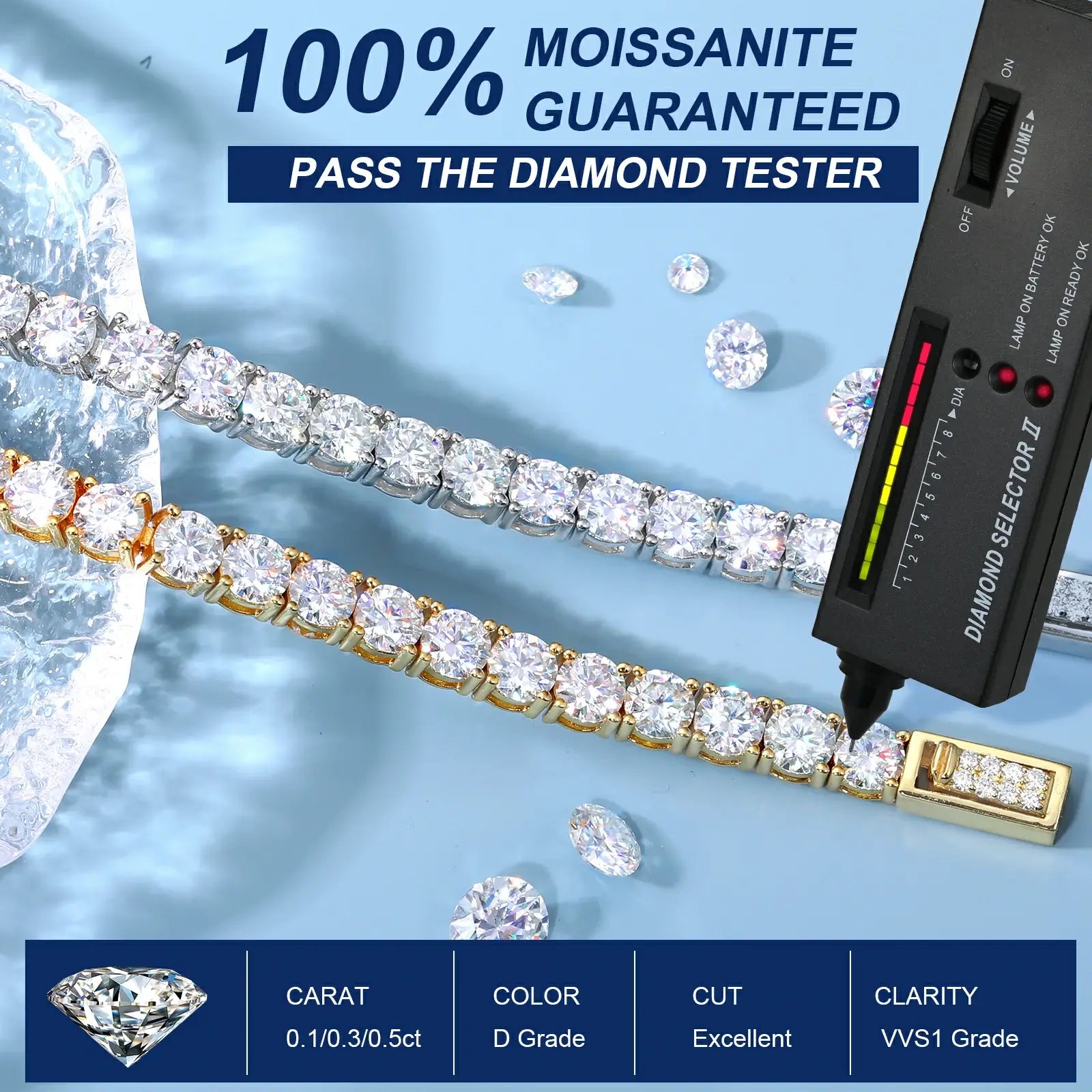 Fog test proof: Spring-lock bracelet passing diamond tester (GRA certified RI 2.65 moissanite stones) - authentic gemstone verification