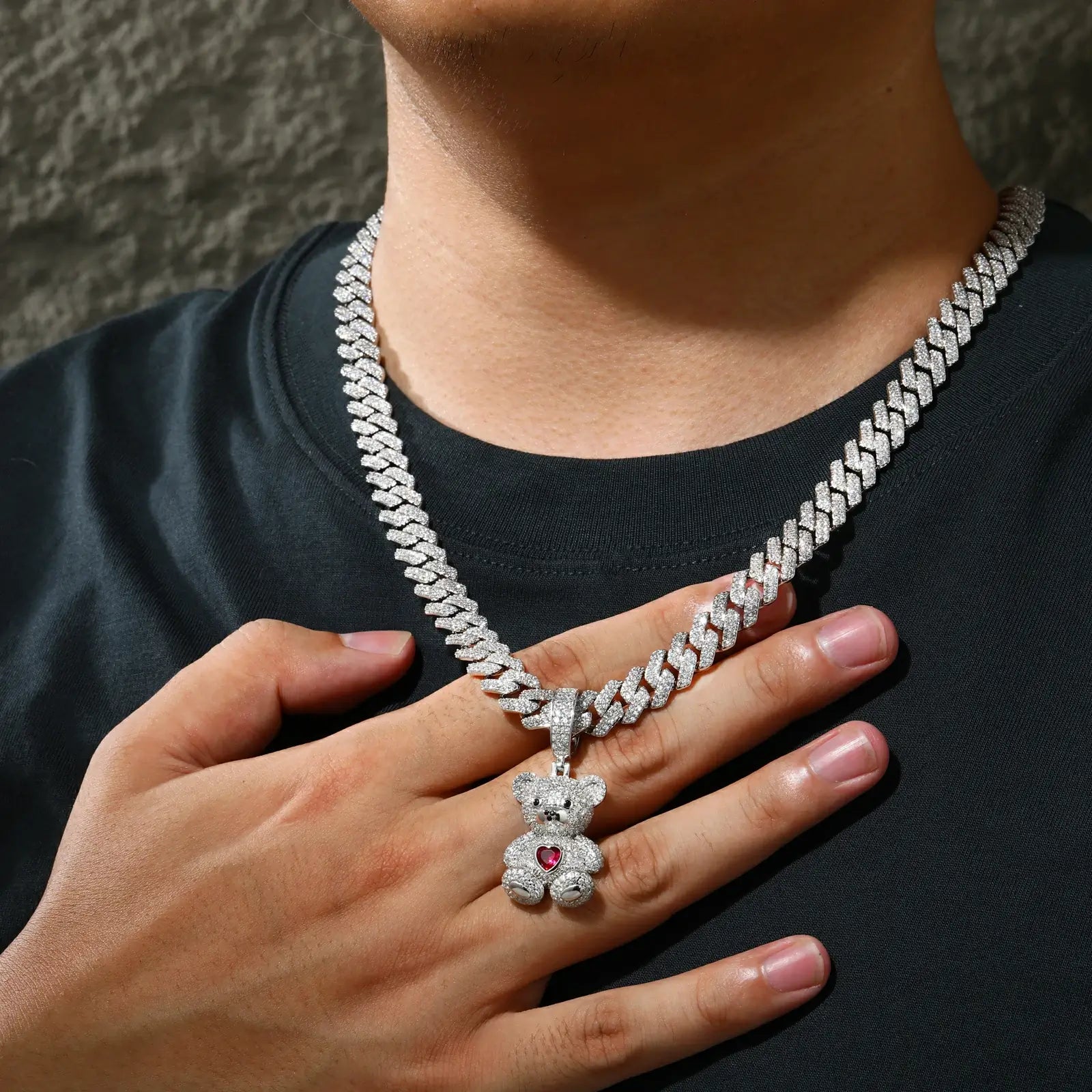 Professional male showcasing white gold bear pendant on Cuban link chain - hypoallergenic S925 silver unisex jewelry