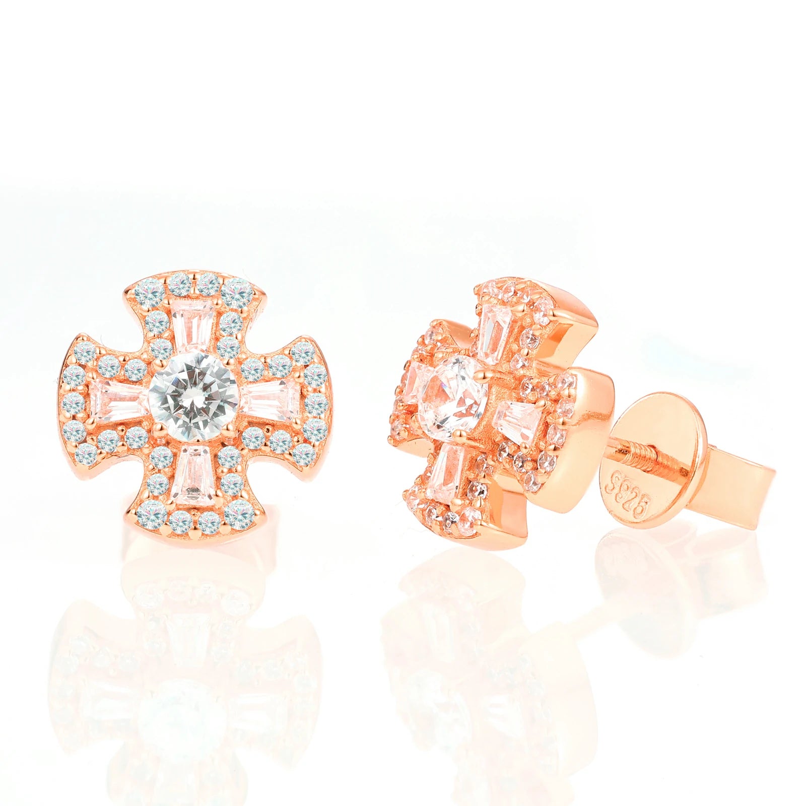 Rose gold Canterbury cross earrings on white background - waterproof 925 sterling silver moissanite earrings with sacred geometry design