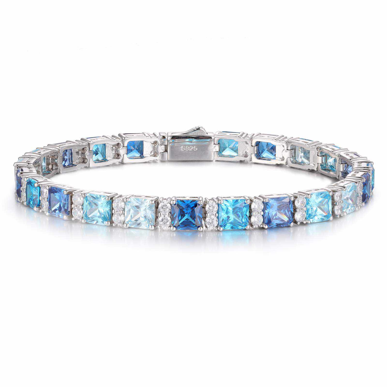 Clean white background product image of the gradient blue and green Asscher-cut tennis bracelets, optimized for Google Shopping and SEO visibility.