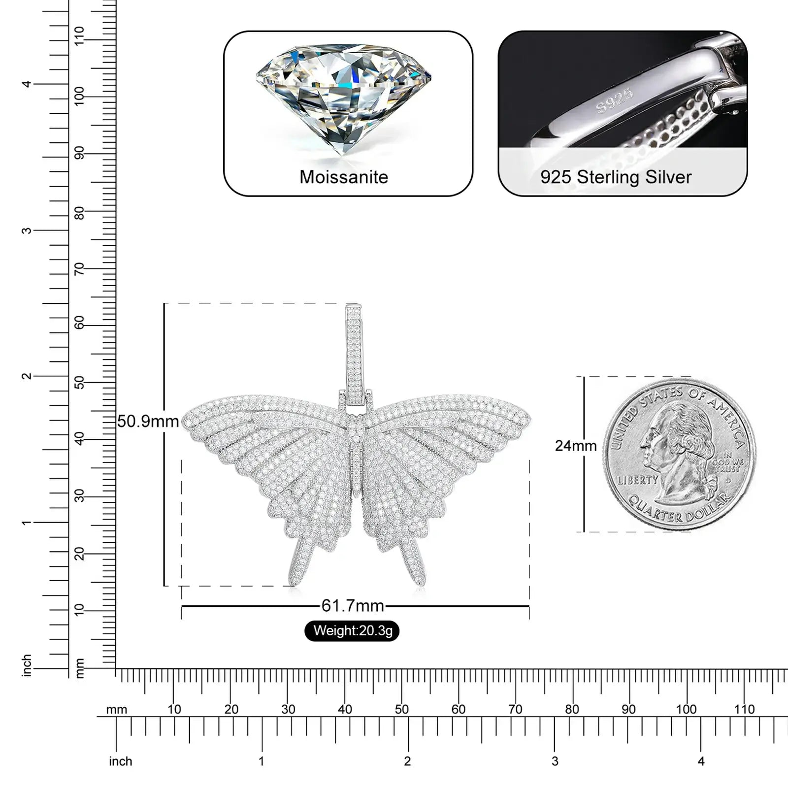 Size comparison: Butterfly pendant next to quarter coin - 38mm wingspan, 22mm height, VVS moissanite | Hypoallergenic specs