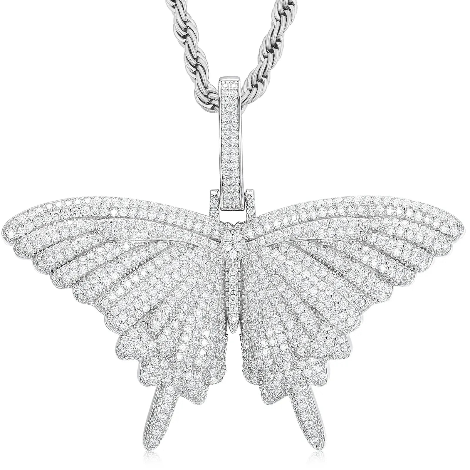 S925 butterfly pendant isolated on white - pavé moissanite wings scattering spectral light | GRA-certified men's jewelry
