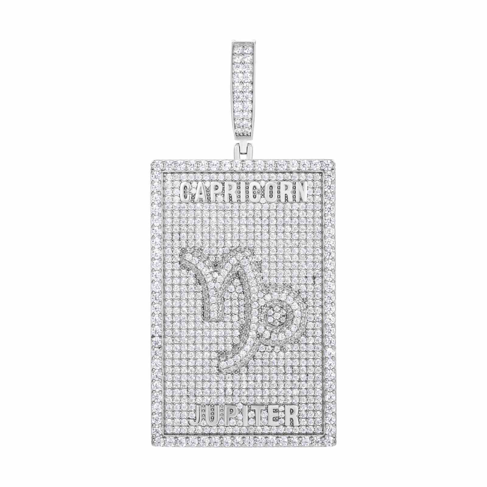 Professional product view: 360-degree showcase of Capricorn zodiac pendant on white background, detailing 3D engraved goat horns and moissanite pavé