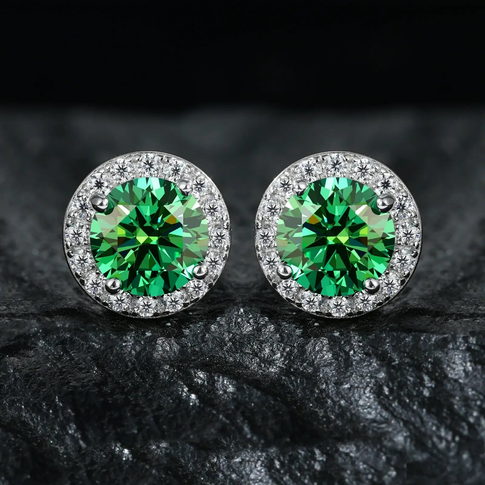 Emerald green moissanite halo earrings on black velvet - S925 silver screw-back studs with diamond accents I Certified tarnish-proof