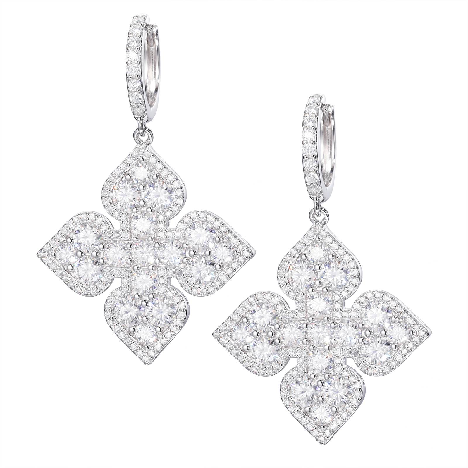 Professional studio photo: 360-degree view of peach enamel four leaf clover earrings on white background, highlighting laser-etched veins and 24K gold plated spring clasp