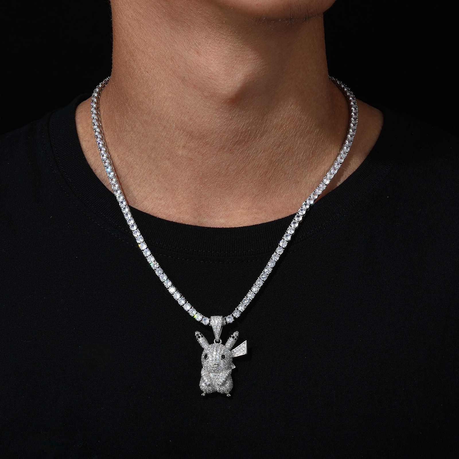 Stylish model wearing the S925 moissanite Pikachu pendant, showcasing its playful charm and diamond-like sparkle against casual attire.