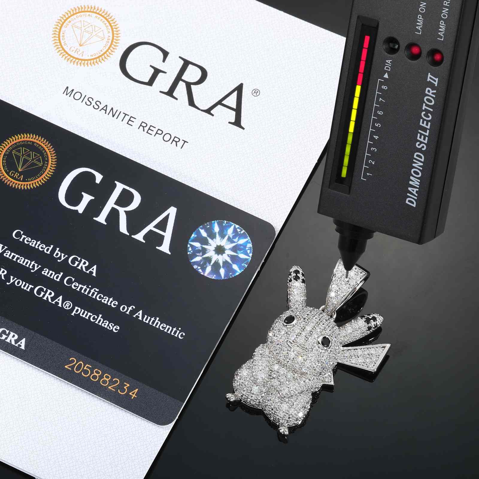 Macro shot of moissanite stones on Pikachu pendant, emphasizing 2.5x diamond-like fire and scratch-resistant durability.