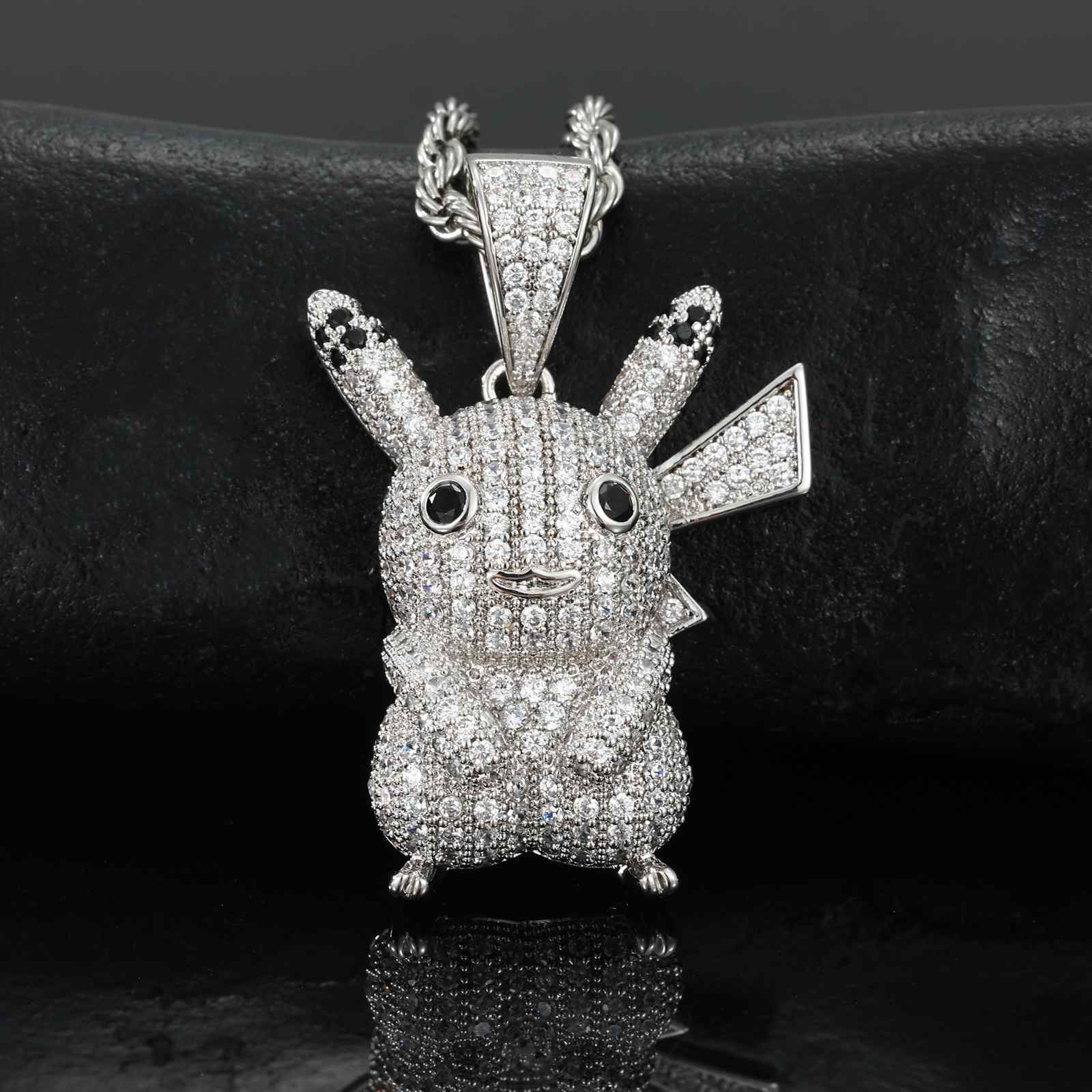 Full front view of S925 moissanite Pikachu pendant, featuring sparkling lab-created stones and hyper-detailed anime-inspired design in white gold.