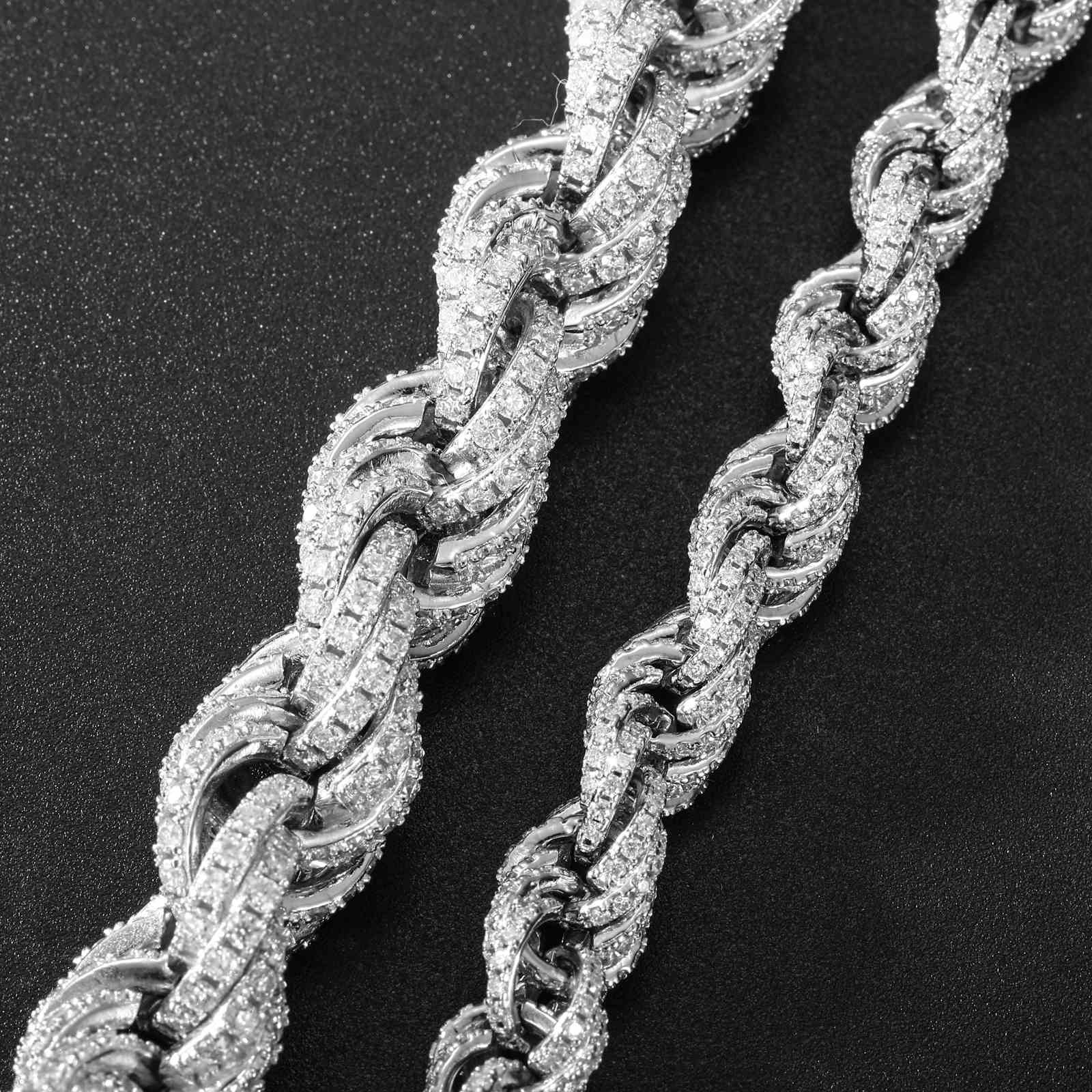 ide-by-side comparison: Sleek 8mm vs. bold 12mm white gold rope bracelets. Both feature iced-out Moissanite stones and Cuban chain-inspired design for unisex hip-hop fashion.