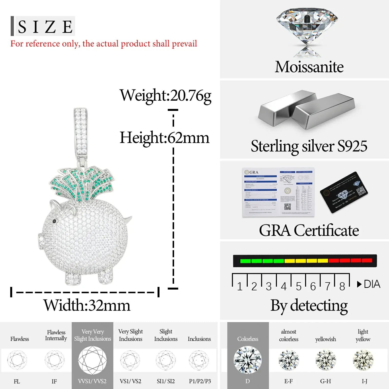 Technical diagram: 30mm height, VVS moissanite grade, S925 silver | Quarter coin scale comparison