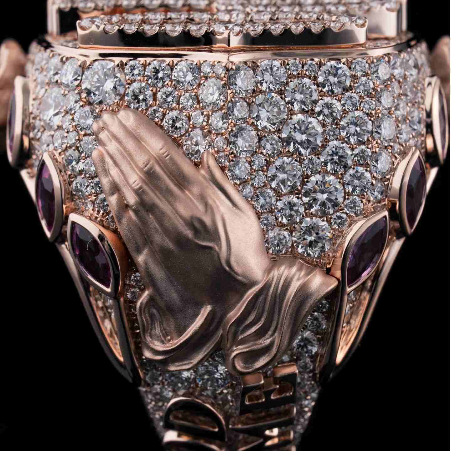 Praying hand motif engraved on the right band, symbolizing resilience and faith. Crafted with fade-proof rose gold plating and VVS1 moissanite clarity.