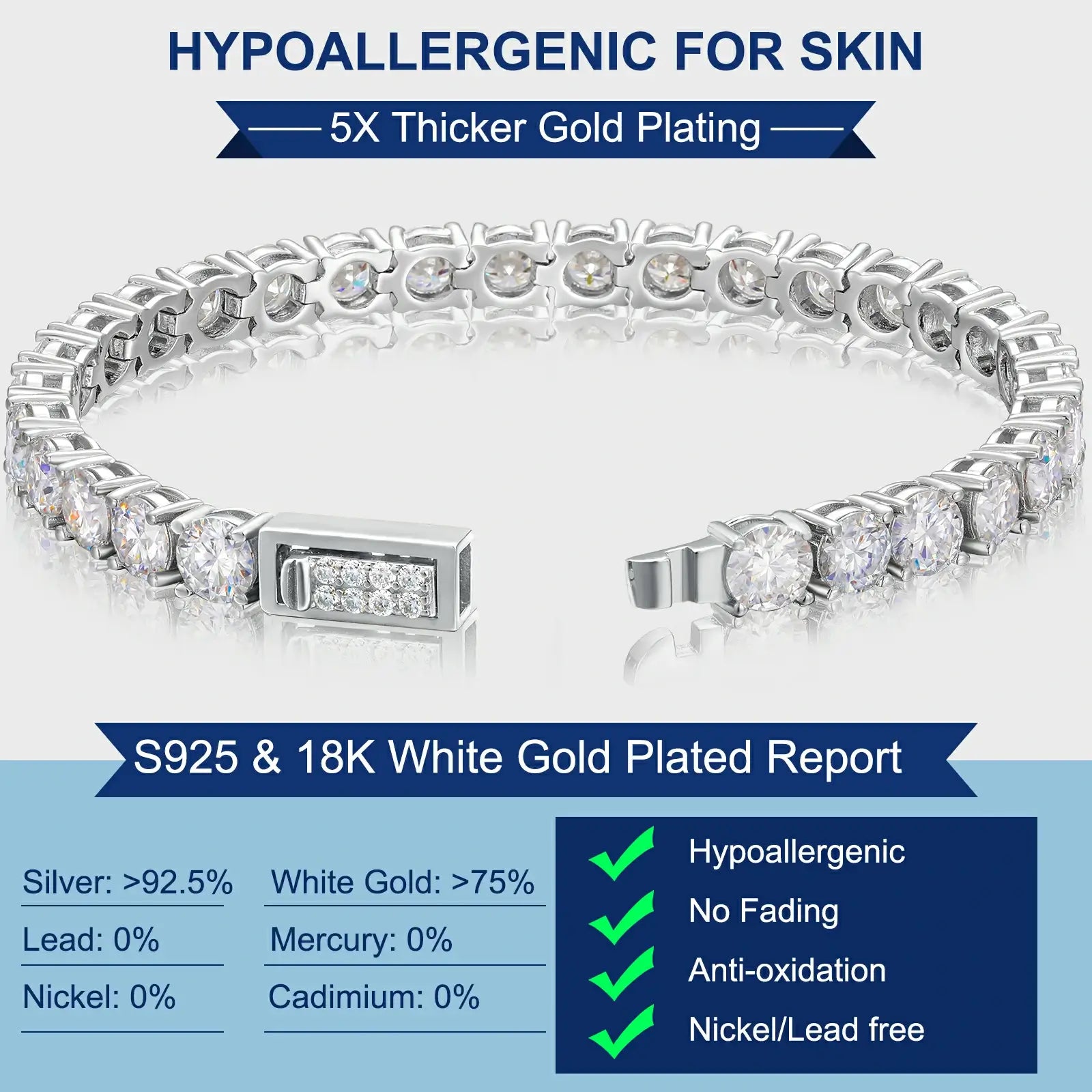 Technical specs: S925 silver benefits - medical-grade hypoallergenic core, 50μm rhodium plating (ISO 9227 tarnish-proof), waterproof IPX8 rating