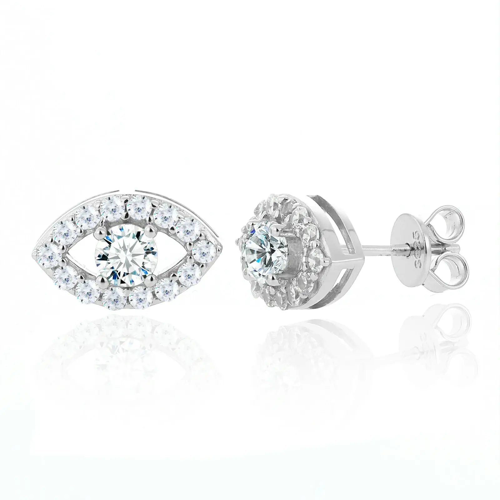 White moissanite evil eye studs on pure white background | Lab-grown VVS stones with 0.104 light dispersion