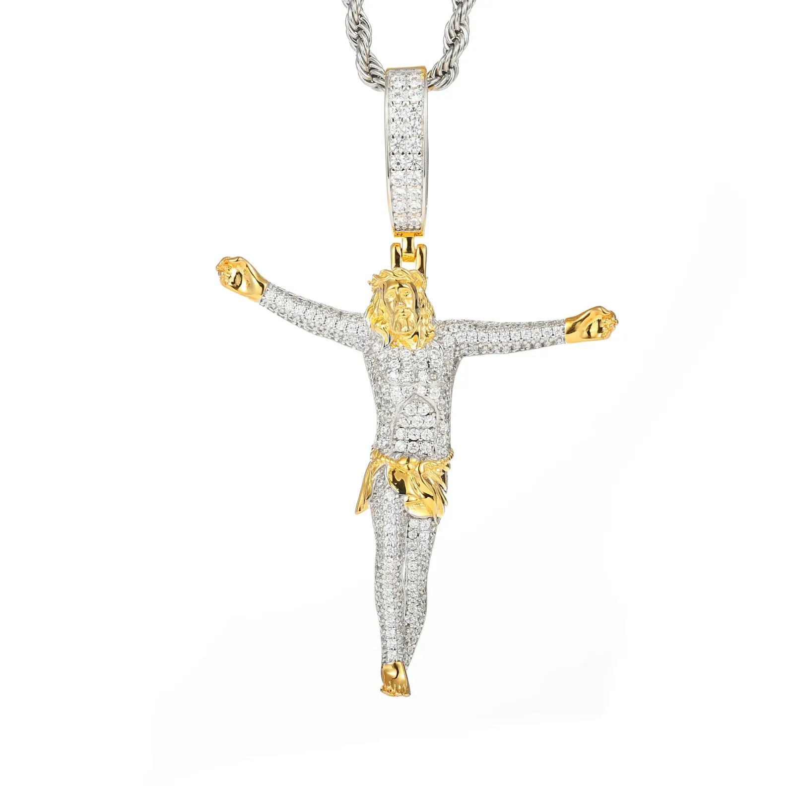 Studio white background: Detailed view of moissanite crucifix pendant - 75° light showing gem dispersion | EN1811 hypoallergenic certified