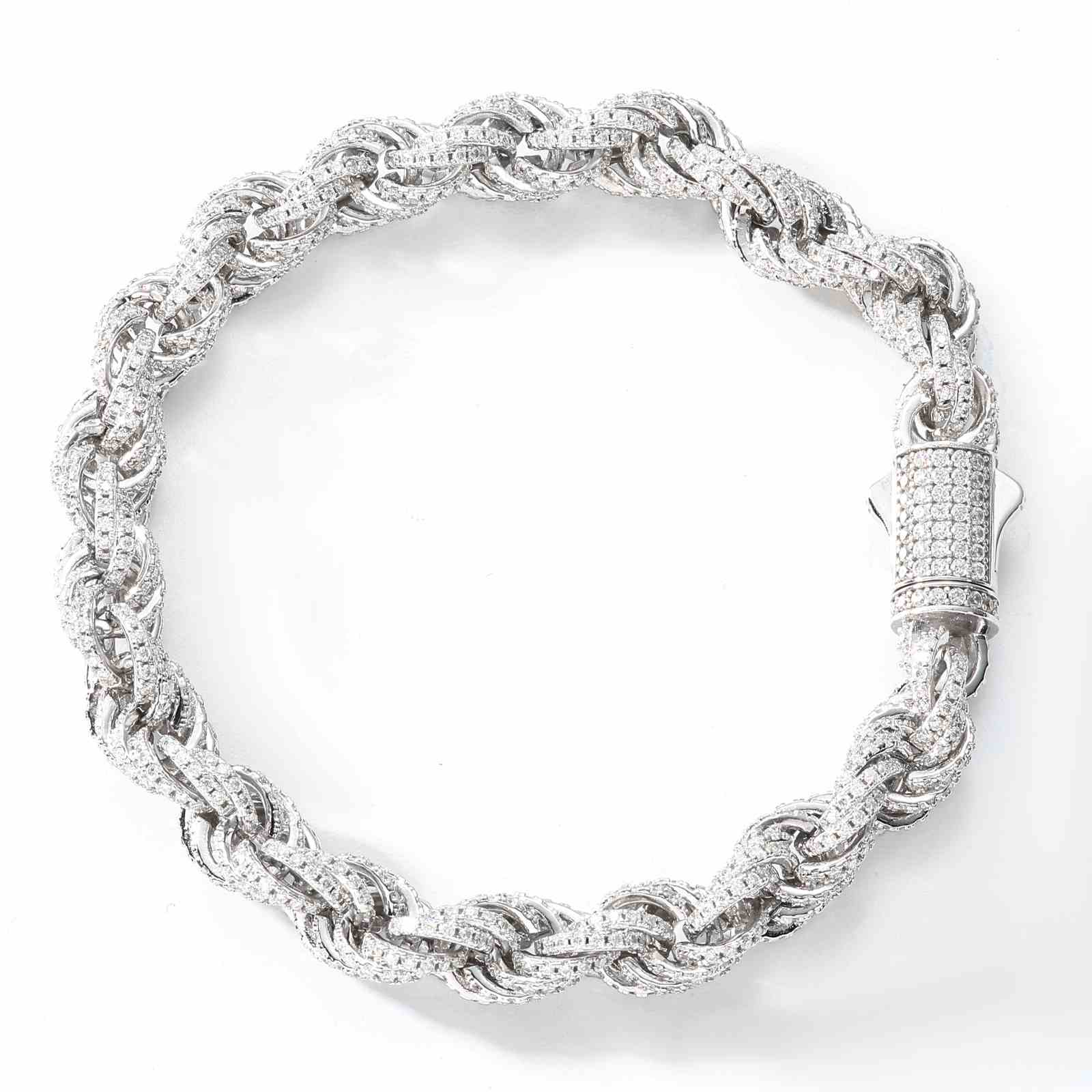 Crisp studio image: 8mm white gold-plated rope bracelet with high-density Moissanite stones. Luxury unisex accessory for gifting, concerts, or everyday bling.