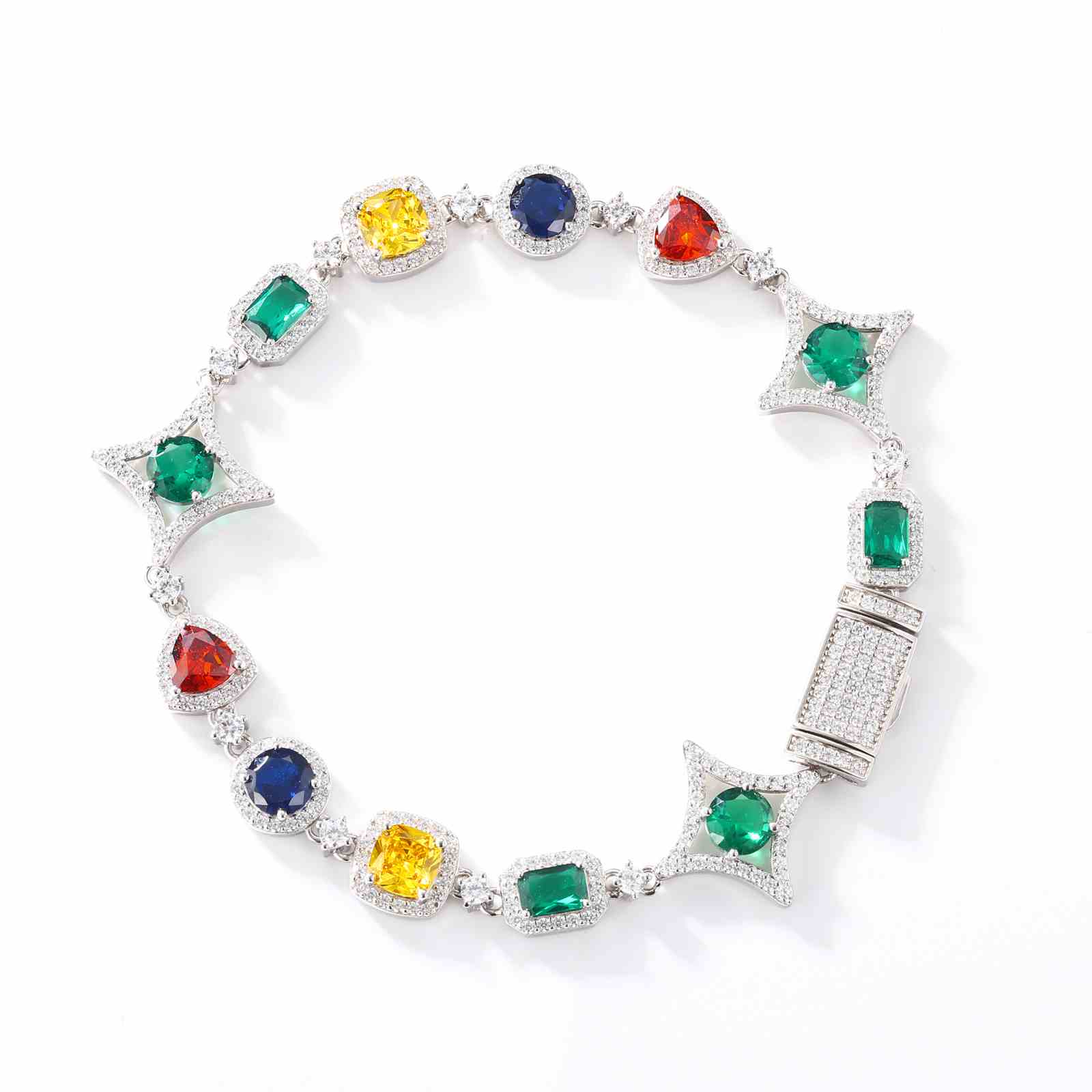 Crisp studio image: 18mm white gold-plated moissanite tennis bracelet with star halo design. Luxury unisex accessory for gifting or daily wear