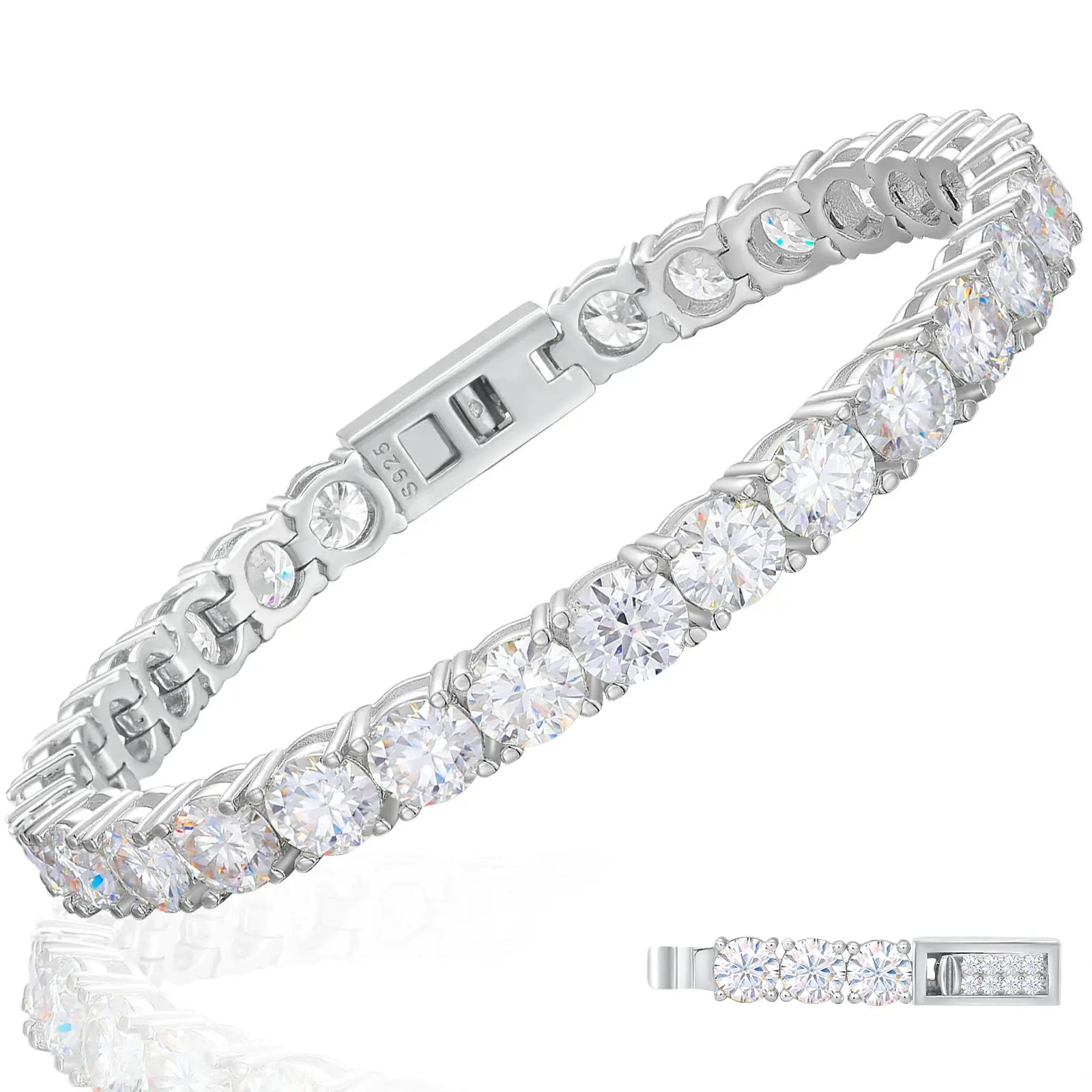White gold S925 moissanite tennis bracelet with spring-lock clasp - 120+ VVS stones on white background | Hypoallergenic luxury jewelry