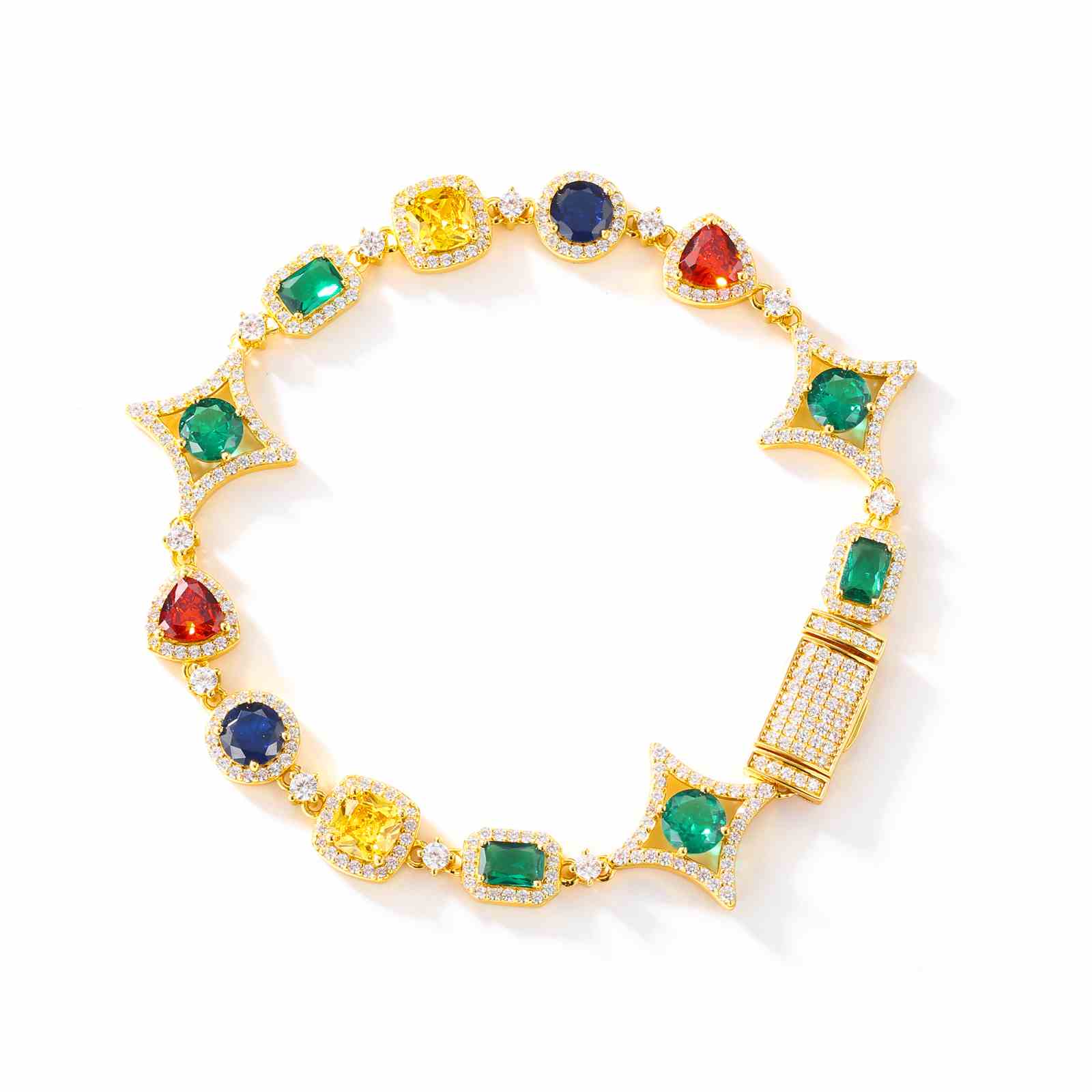 High-resolution product shot: 18mm yellow gold-plated bracelet with CZ stones and Moissanite halos. Shopify-optimized for ‘men’s gold hip-hop jewelry’ searches