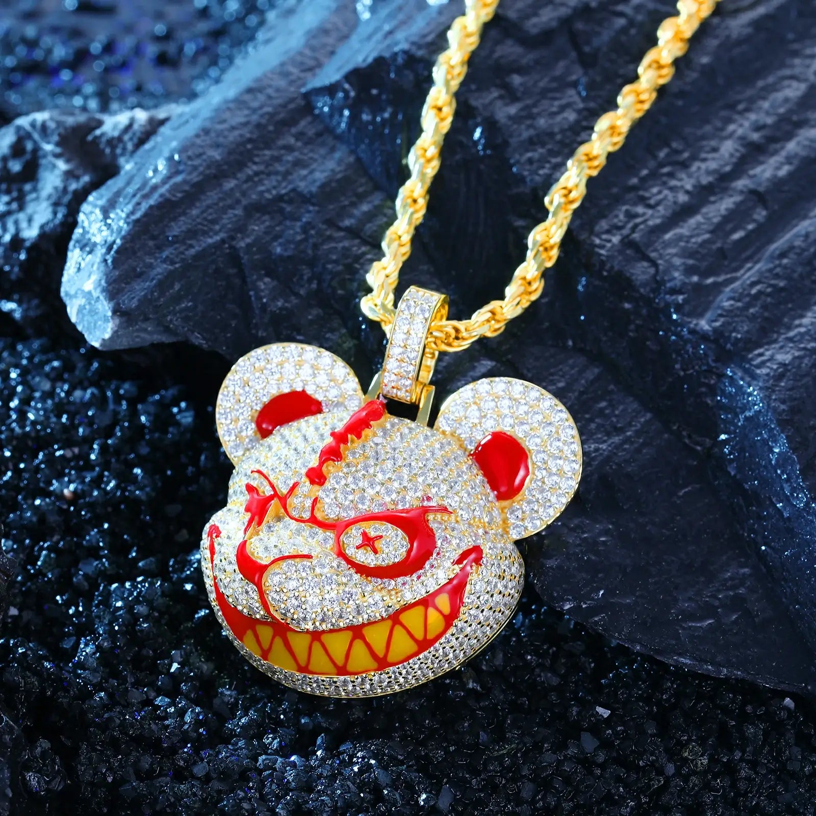 Profile shot: Gold bear pendant on black surface - 3D textured fur and enamel blood drips | Tarnish-proof S925 craftsmanship
