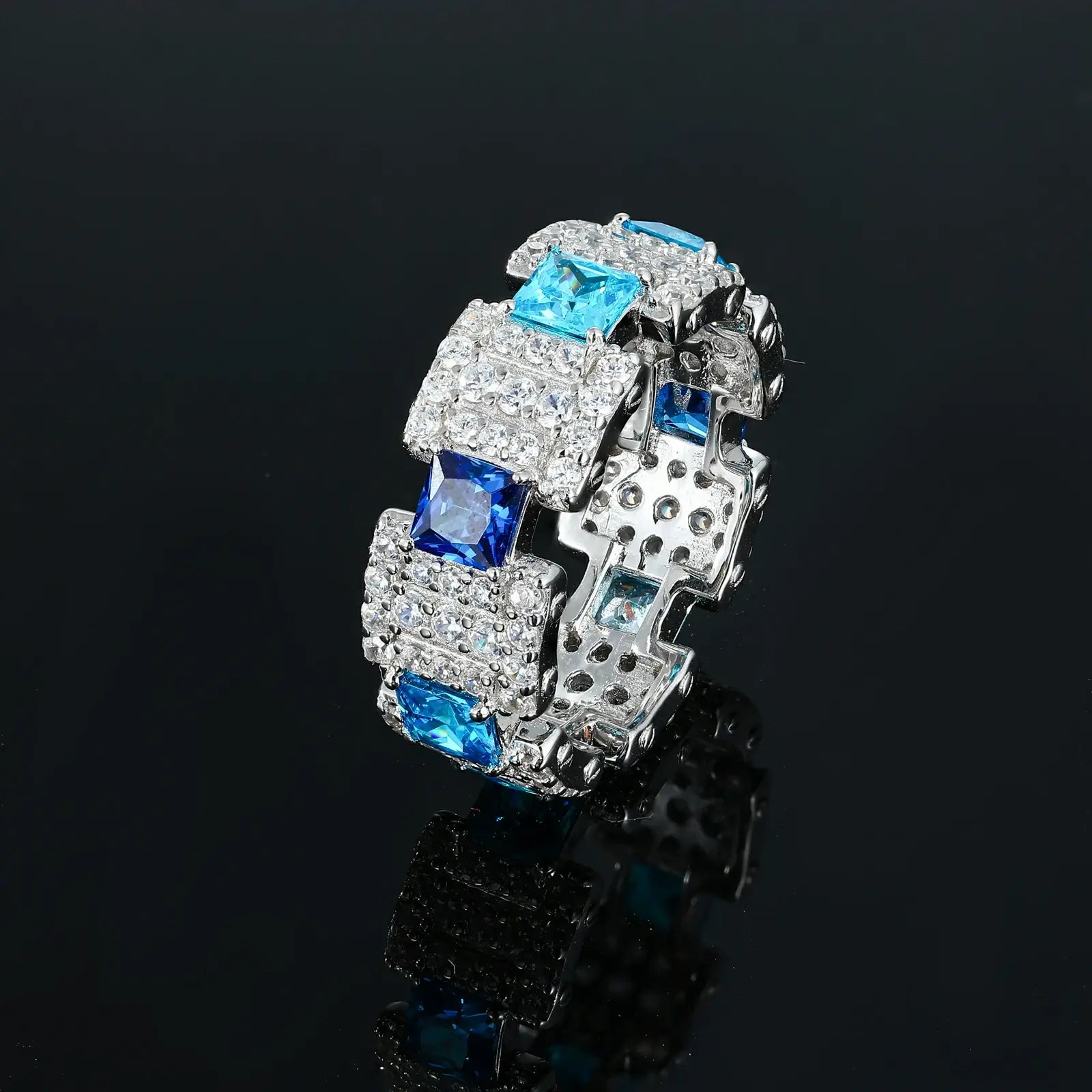 White gold ocean ring profile - cobalt-to-aqua moissanite gradient | Water-ready S925 silver craftsmanship