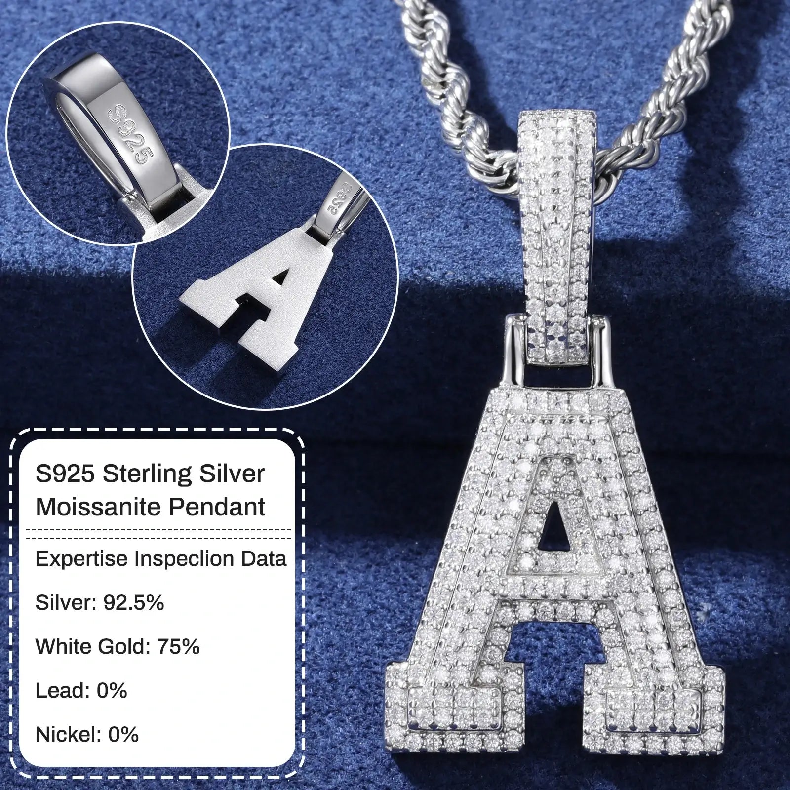 silver content of moissaniteletter a pendant