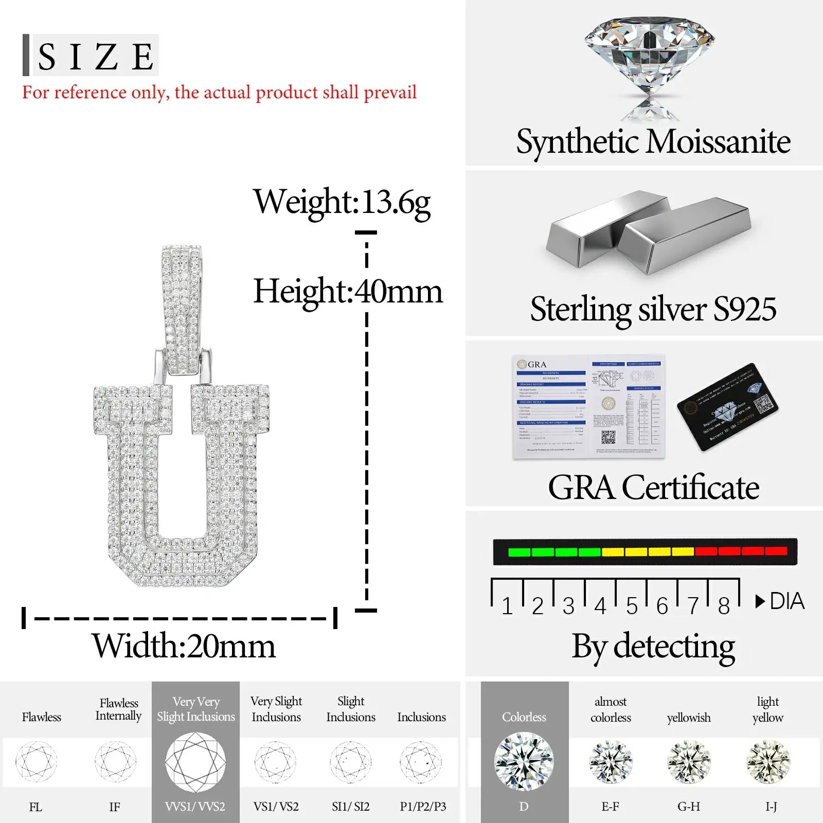 size chart of moissanit letter u pendant