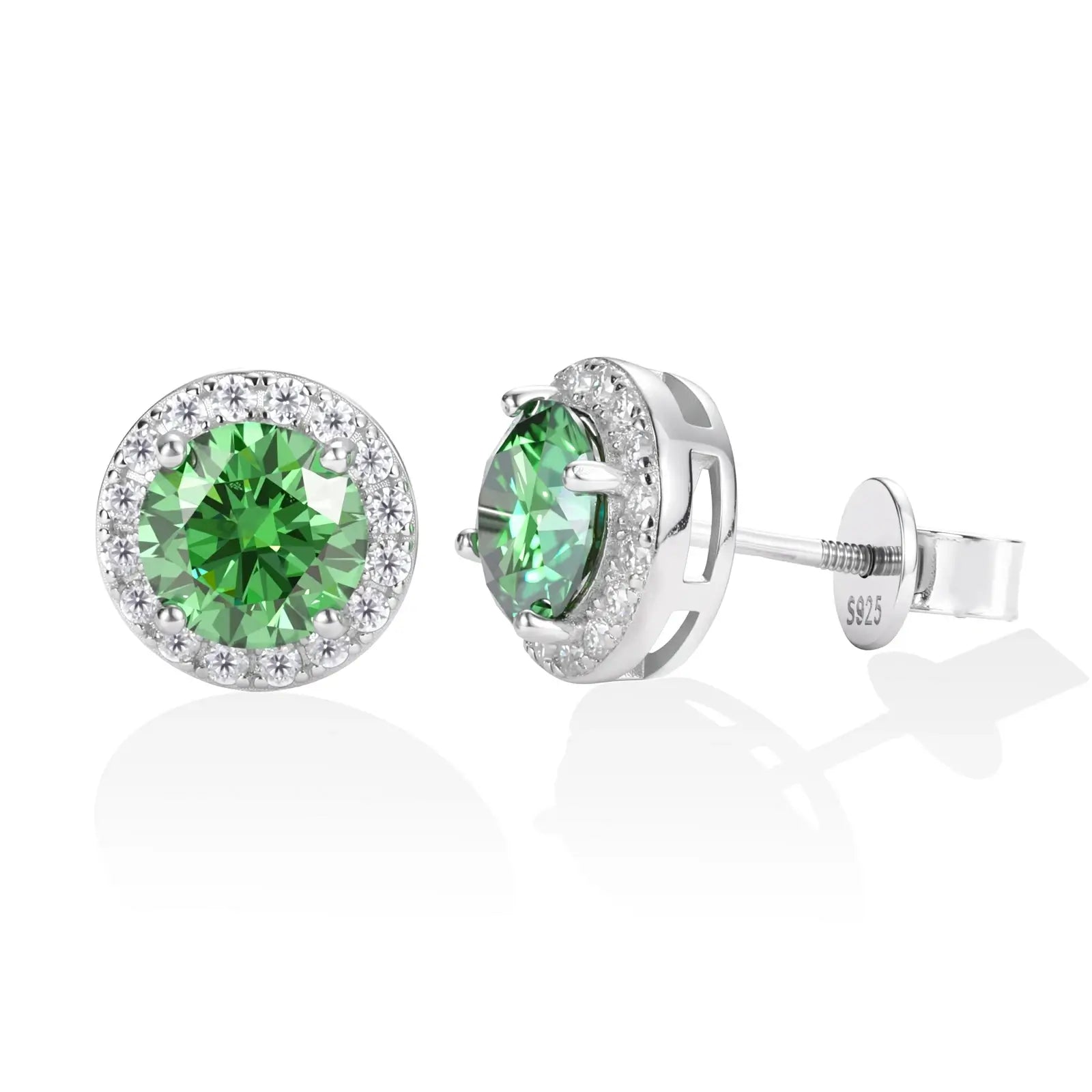 Professional product photo: Colored moissanite screw back earrings - Emerald center with brilliant halo | Waterproof S925 silver jewelry