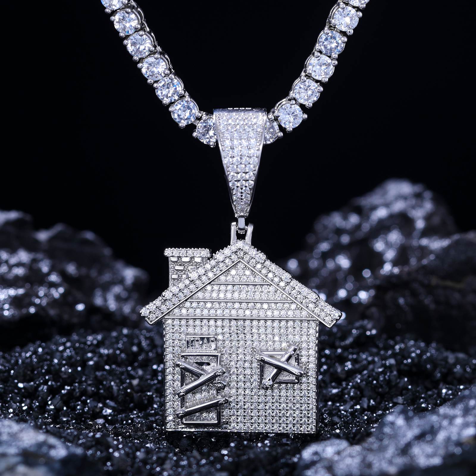 S925 trap house pendant on black velvet - VVS micro-moissanite windows blazing 2.65 RI fire | Hypoallergenic urban fortress