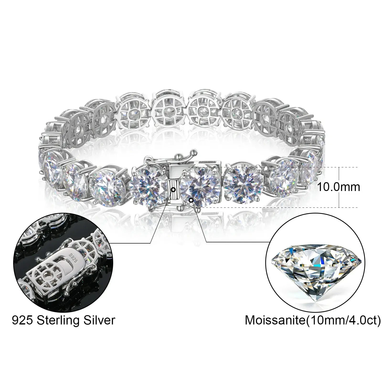 Technical size chart for 10mm white gold moissanite tennis bracelet, indicating exact width, length, weight and 11-stone specifications.