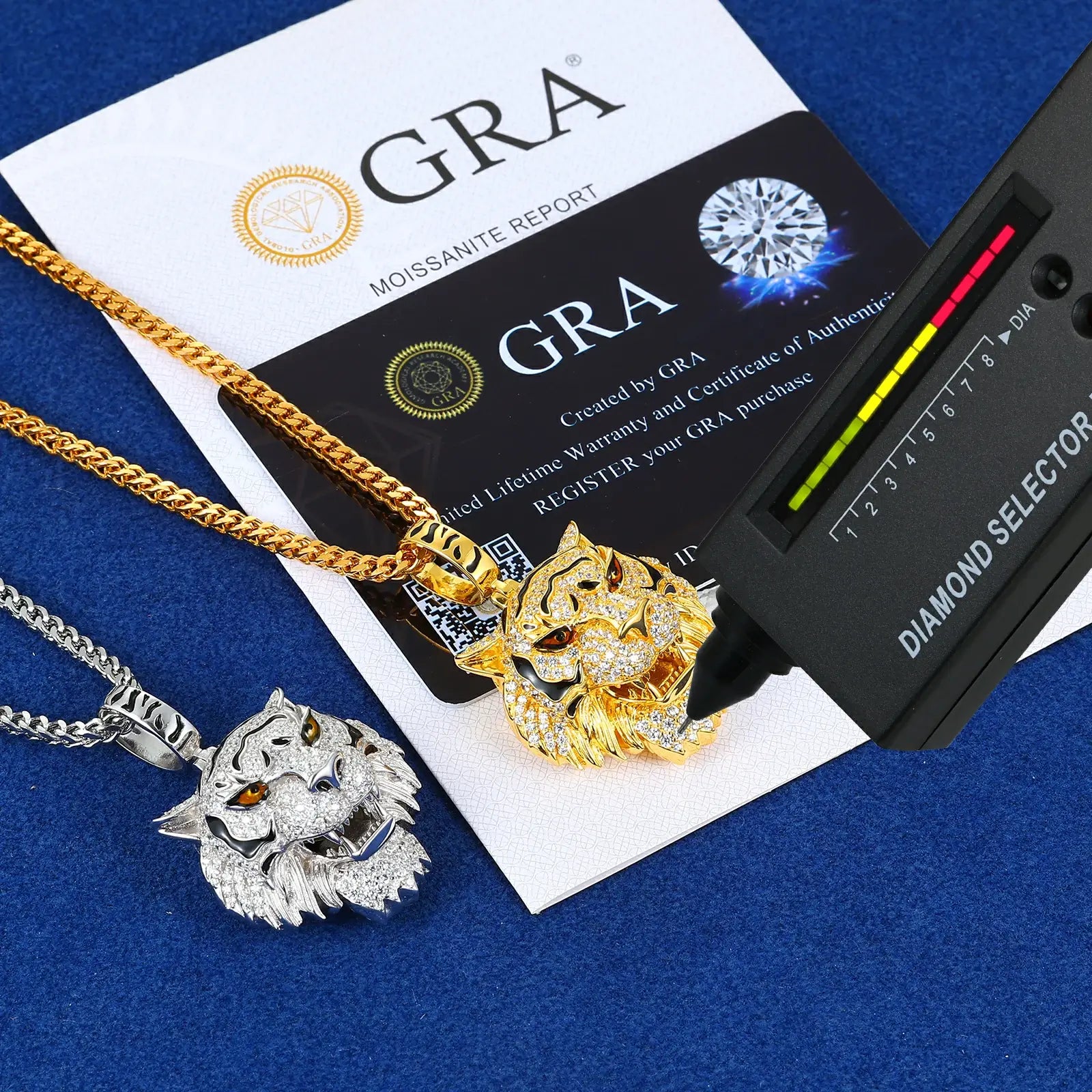 GRA certified S925 moissanite tiger head pendant tested positive by diamond tester (RI 2.65) with certificate hologram visible.