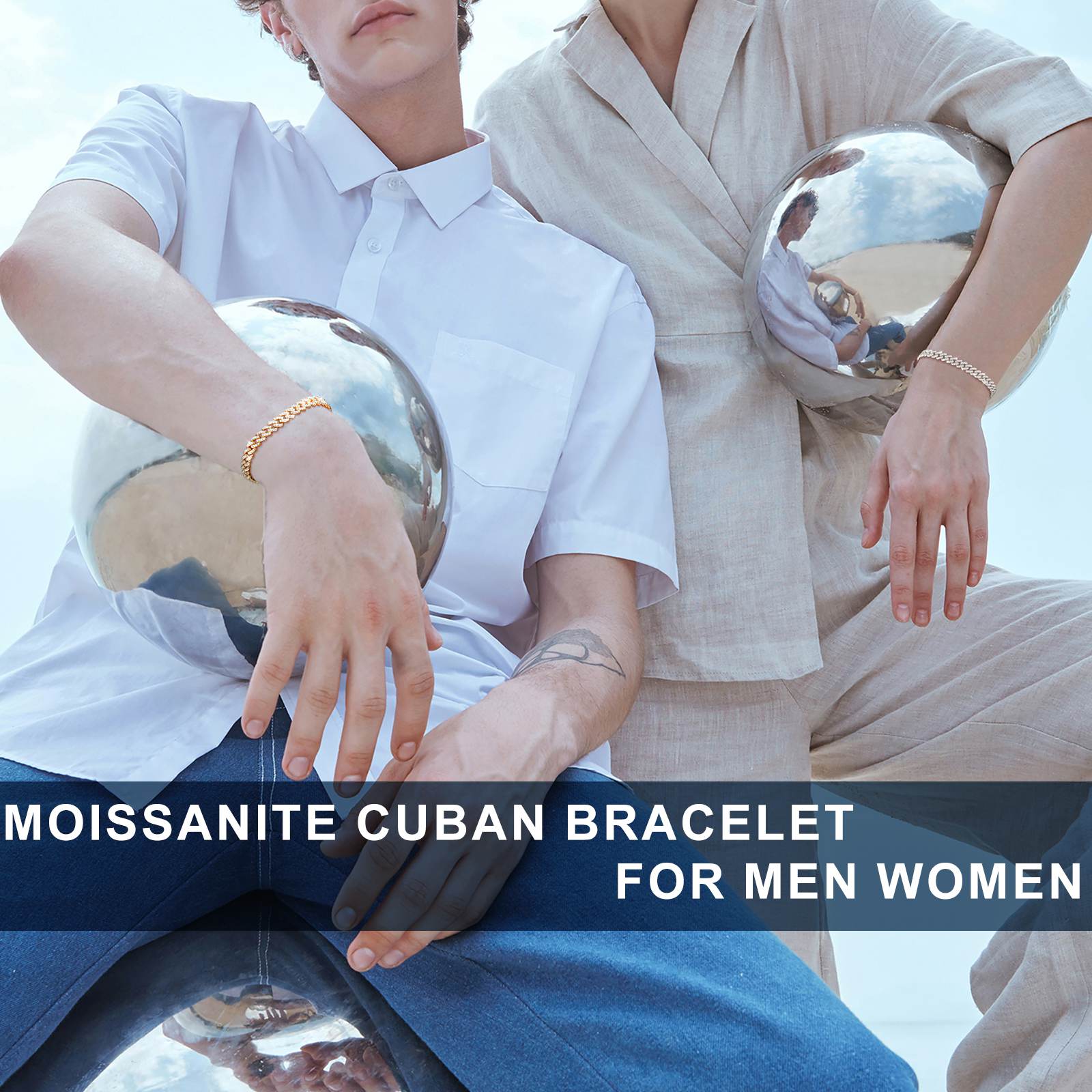 Two men stacking 6mm Moissanite Cuban bracelets (white gold and gold tones), perfect for festivals, gym, or layered streetwear looks. Limited edition of 88 units.
