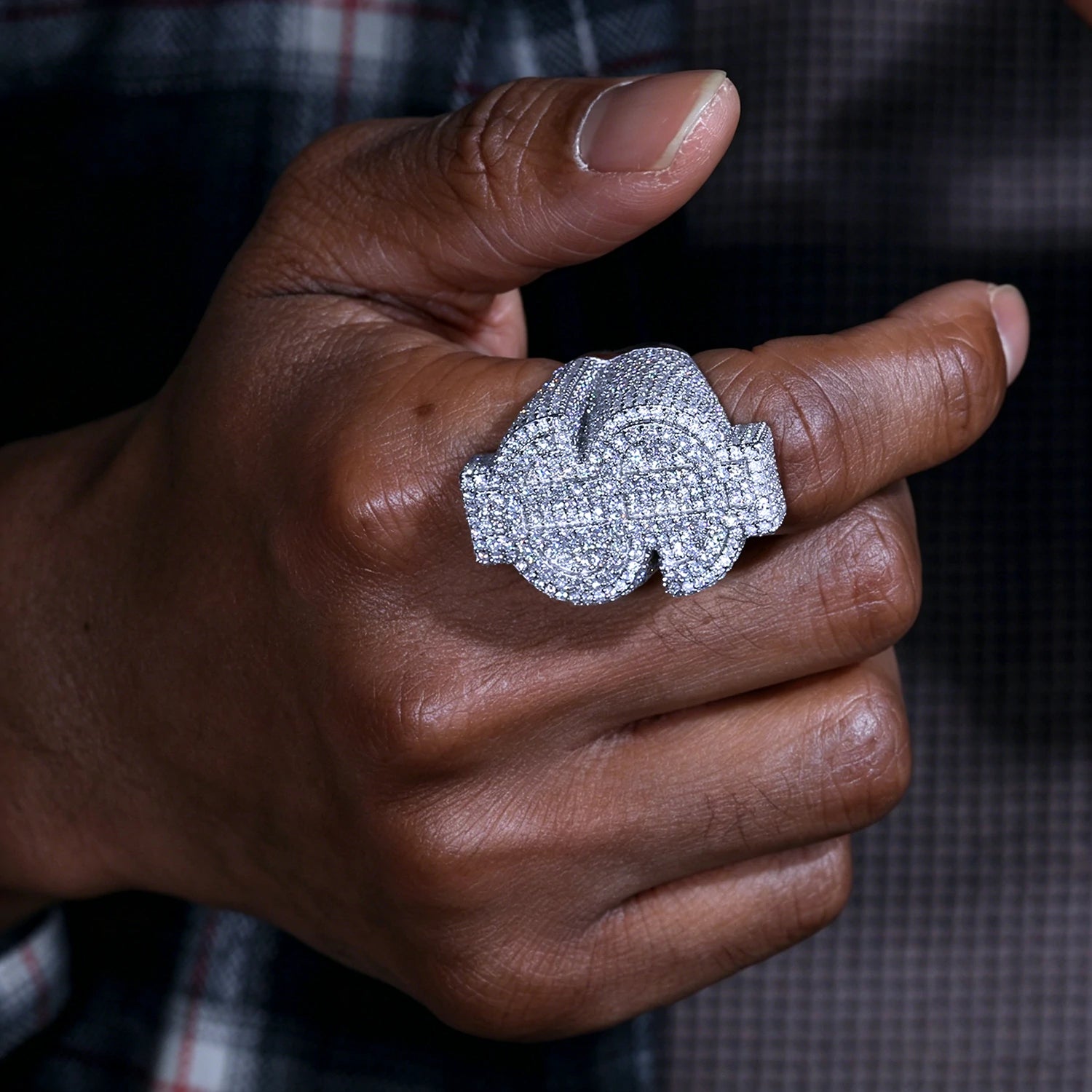 S925 Moissanite Dollar Sign Ring - Iced Out Hip Hop Money Ring