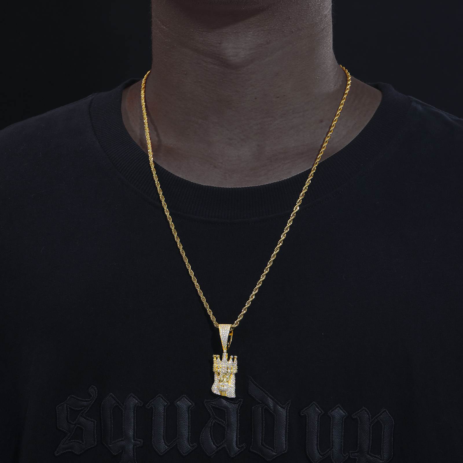 Street influencer styling Jesus crown pendant on twisted chain - lab-grown moissanite outshining diamonds | Salt-spray tested waterproof faith