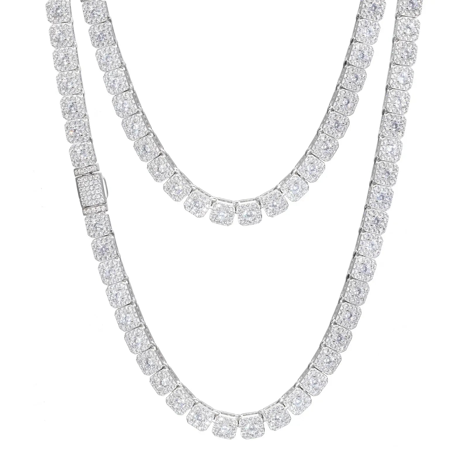 6mm tennis chain hanging vertically - square halo moissanites scattering light | 19" length hypoallergenic necklace