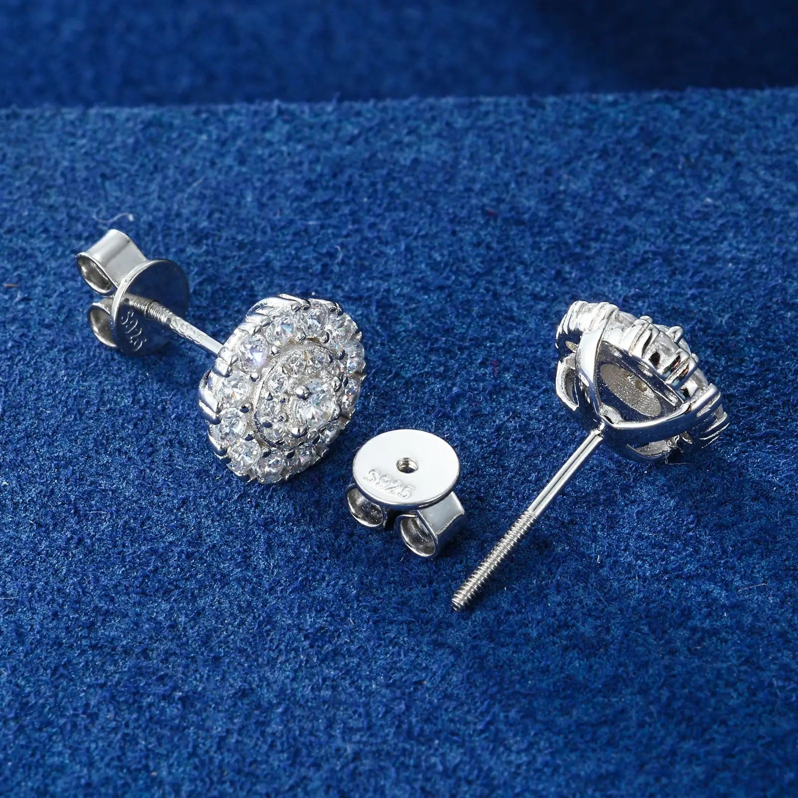 Back view of white gold 3 layers halo stud earrings - hypoallergenic 925 sterling silver posts with secure closure