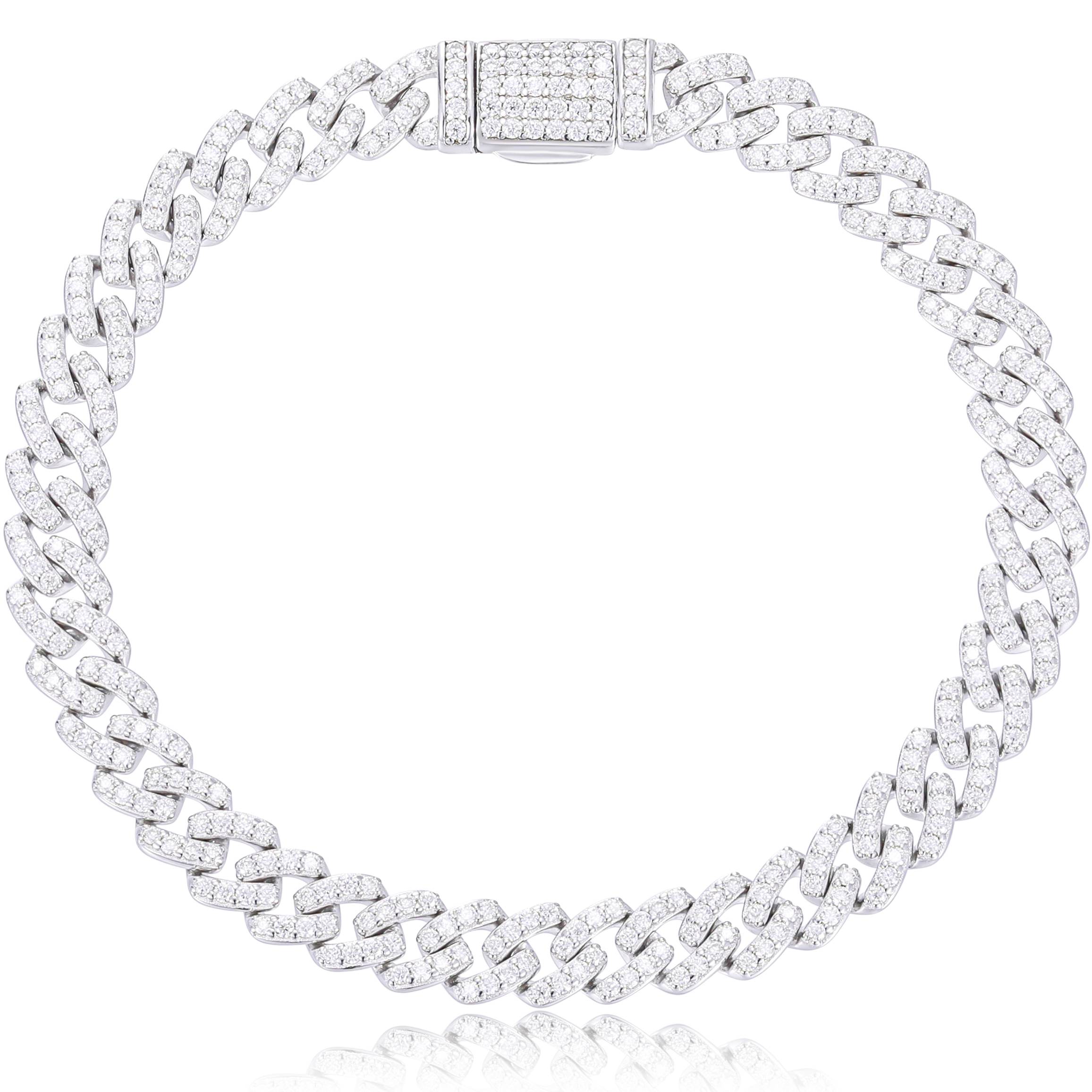 White gold S925 Moissanite Cuban bracelet on white background: 216 lab-grown stones, 24K gold-plated, includes luxury bulletproof case and free engraving.