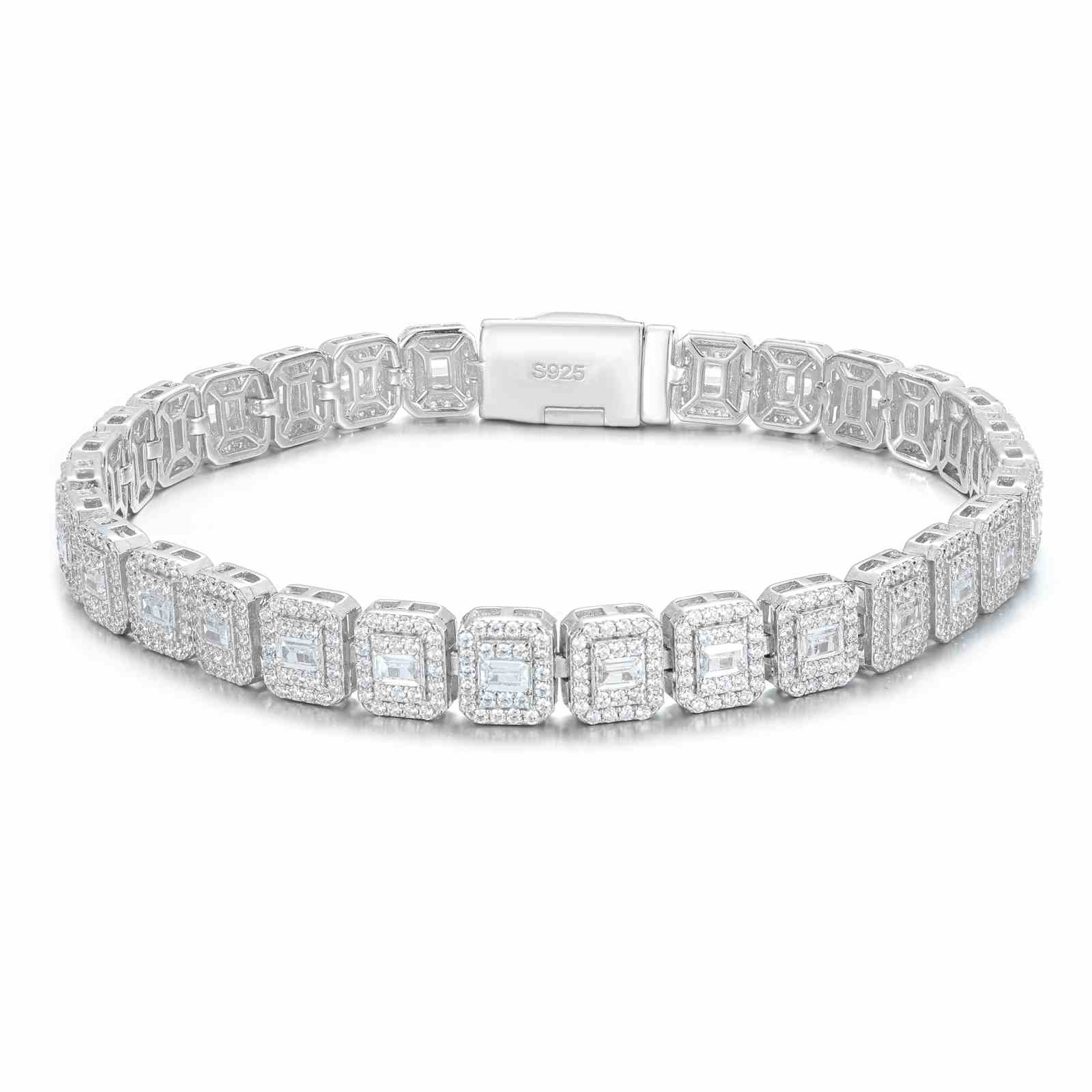 Studio shot of white gold bracelet on white background, highlighting uninterrupted moissanite pave and clasp mechanics.