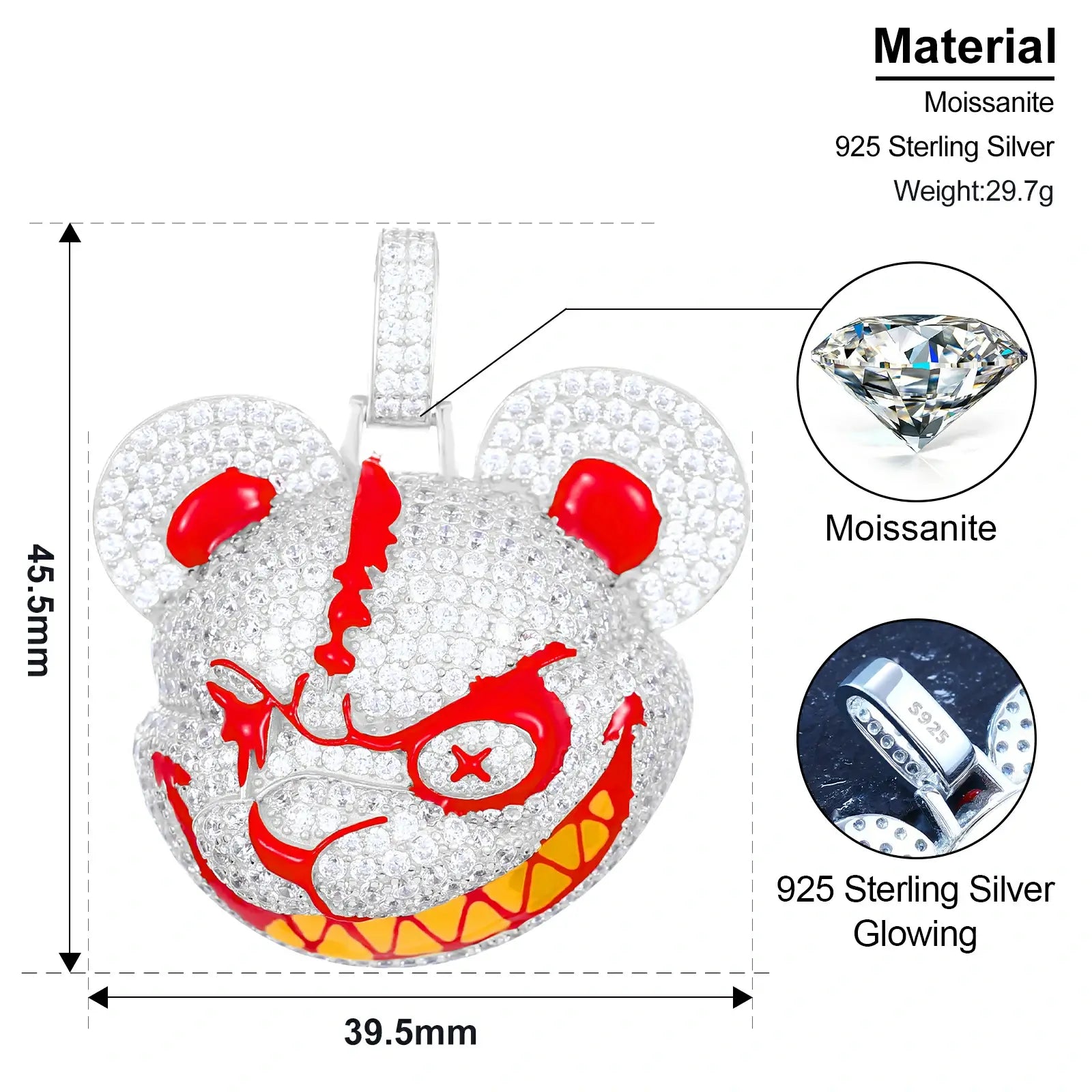 Technical diagram: 35mm height, 25mm width, VVS moissanite | Hypoallergenic S925 silver specs with quarter coin scale