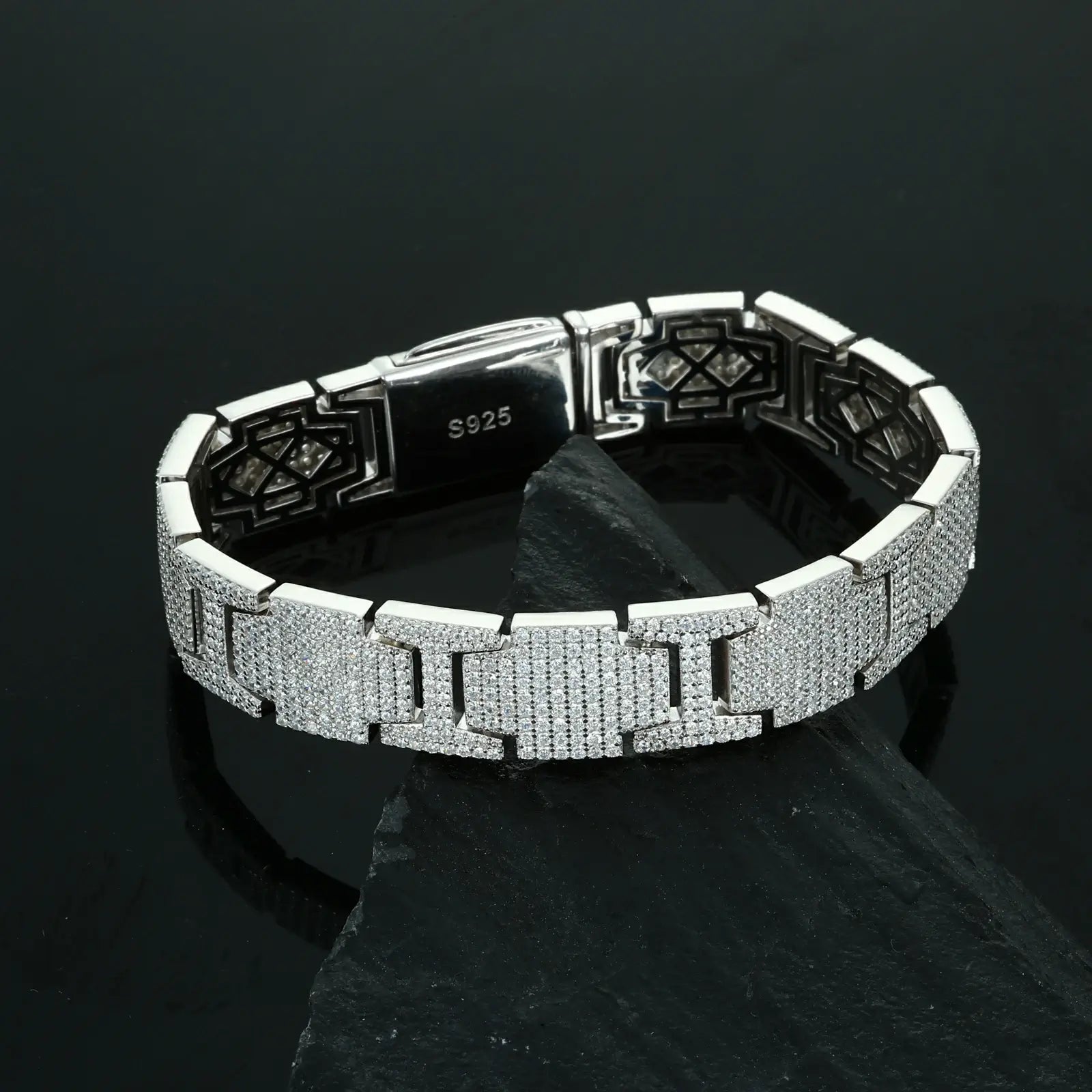 White gold plated bracelet on desk with corrosion-test timer - 500hr ISO 9227 salt spray certified moissanite jewelry